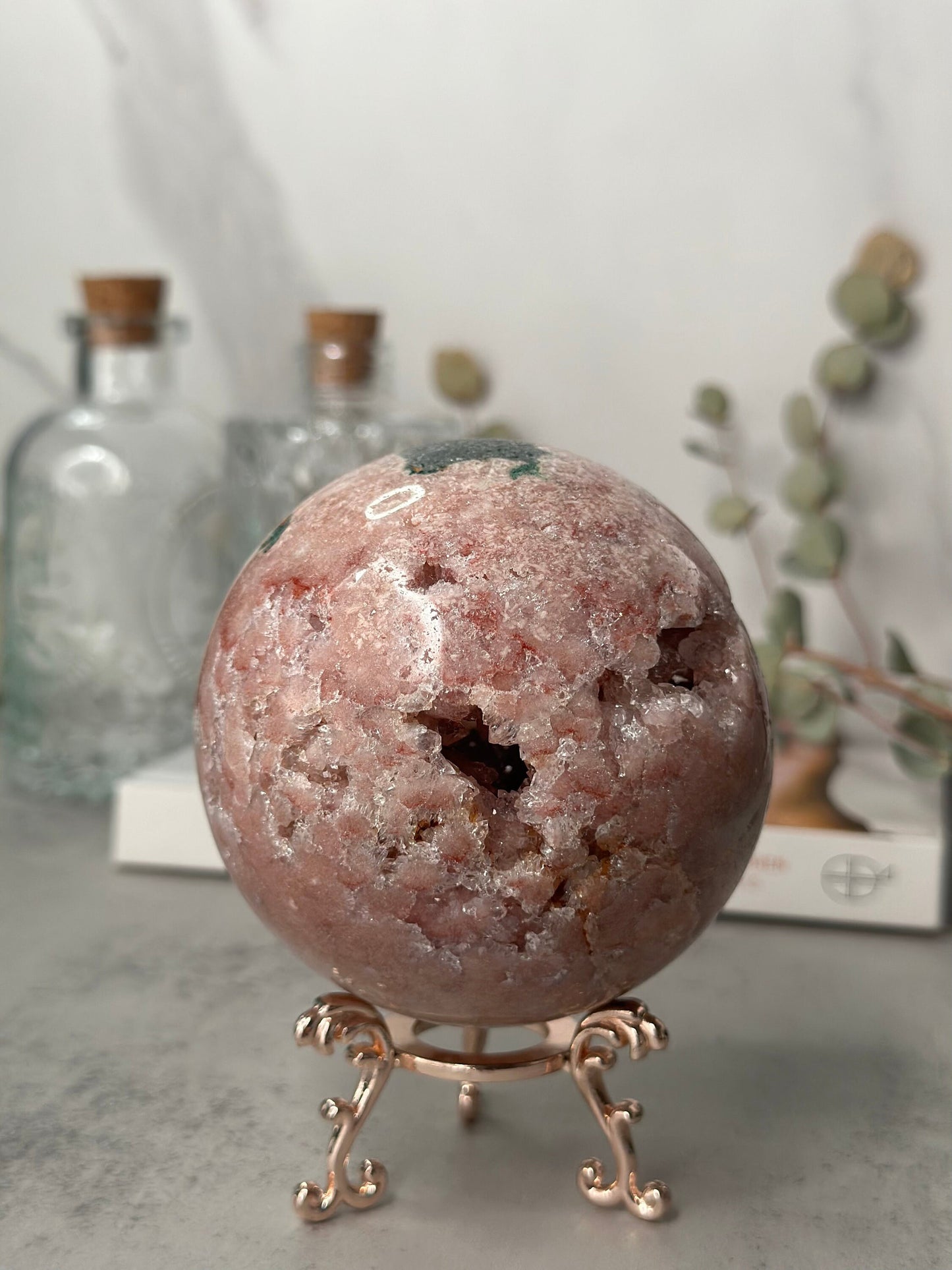 Elegant | Large | Jasper | Druzy | Pink Amethyst Sphere | Statement Piece | Rose Gold Stand | High-Quality | Genuine | From Brazil