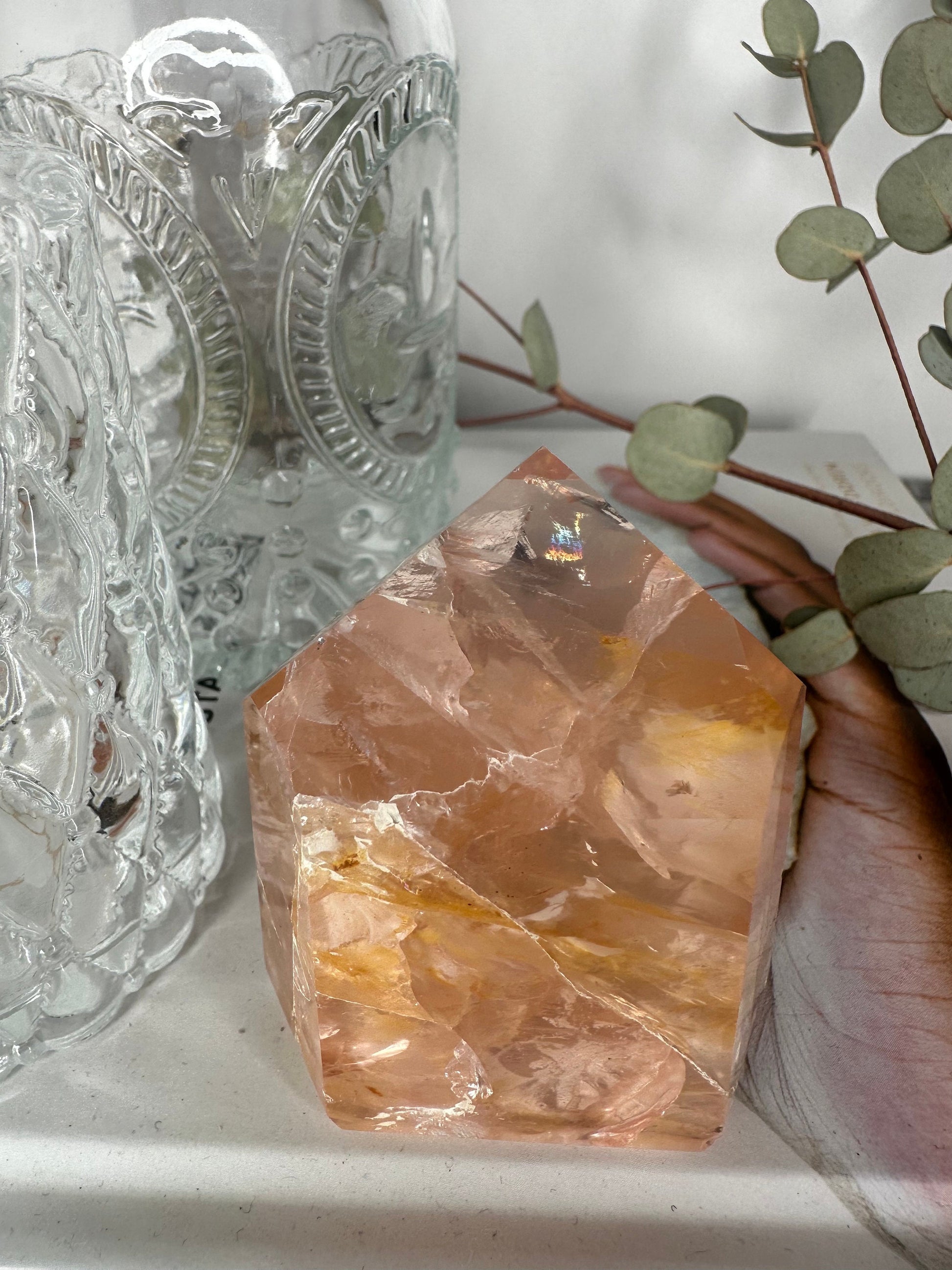 Spectacular Rose Quartz with Golden Healer Tower/Point With Rainbow High Quality Genuine Crystal From Brazil