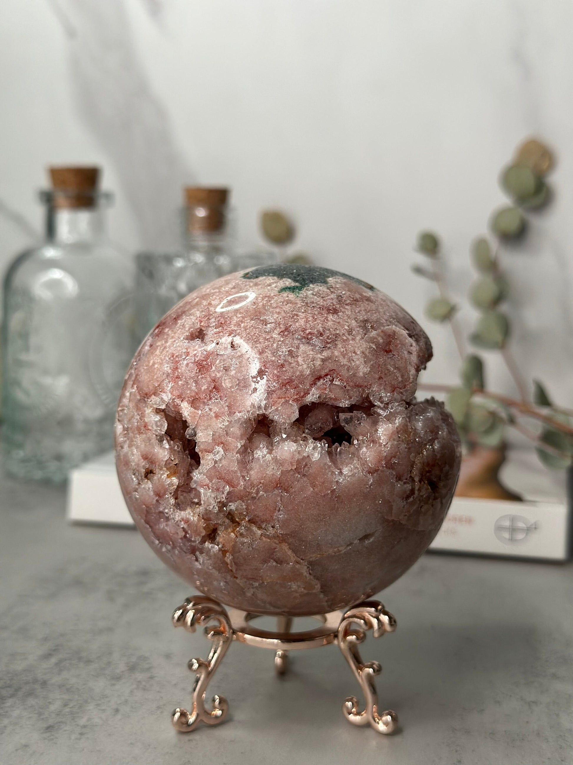 Elegant | Large | Jasper | Druzy | Pink Amethyst Sphere | Statement Piece | Rose Gold Stand | High-Quality | Genuine | From Brazil