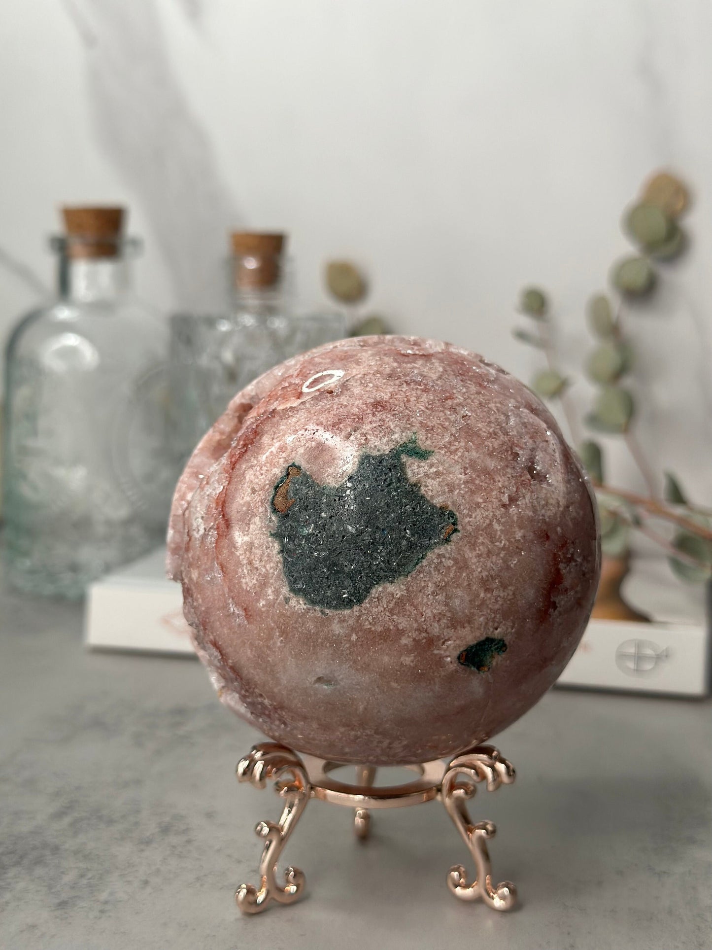 Elegant | Large | Jasper | Druzy | Pink Amethyst Sphere | Statement Piece | Rose Gold Stand | High-Quality | Genuine | From Brazil