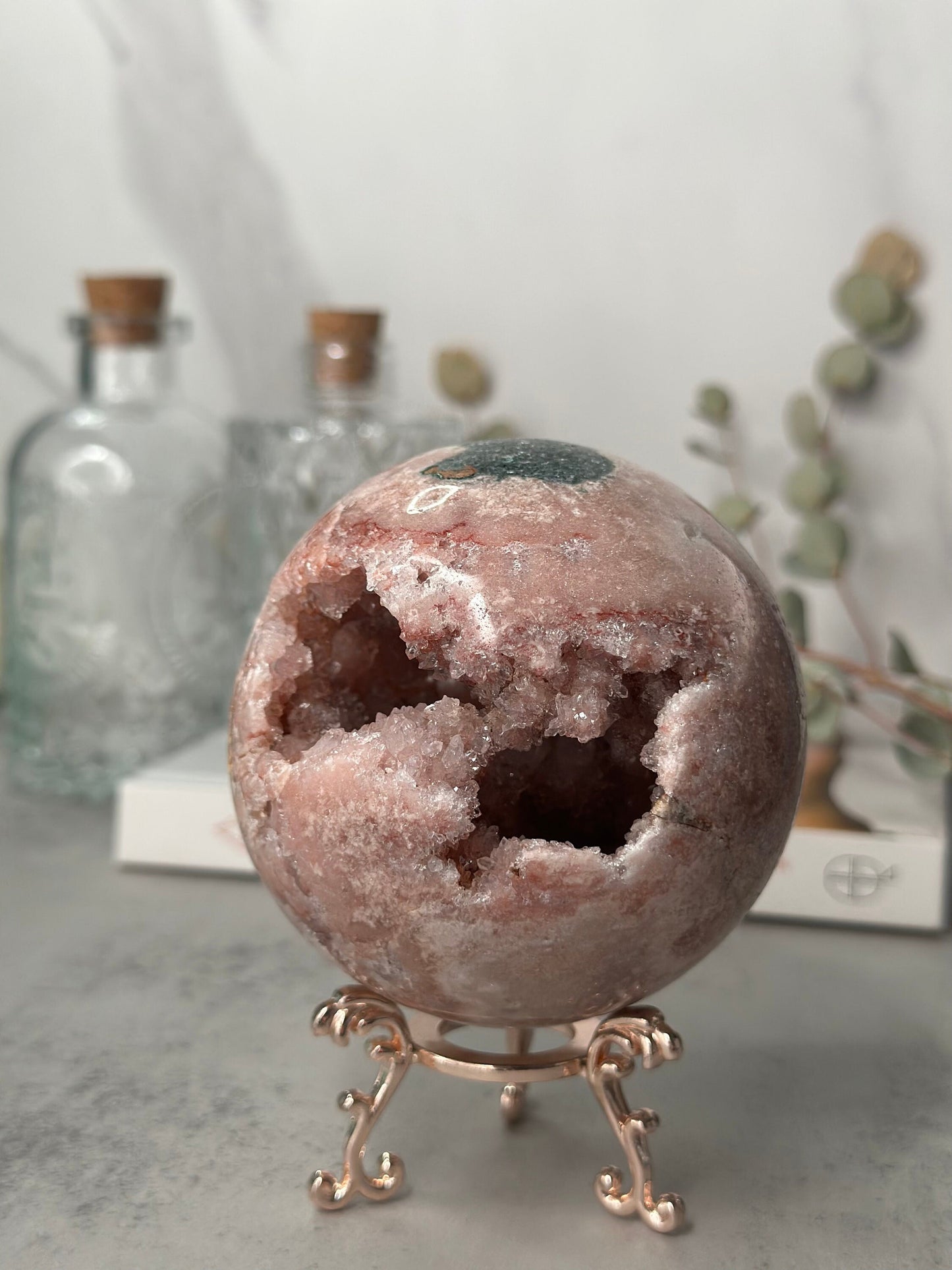 Elegant | Large | Jasper | Druzy | Pink Amethyst Sphere | Statement Piece | Rose Gold Stand | High-Quality | Genuine | From Brazil