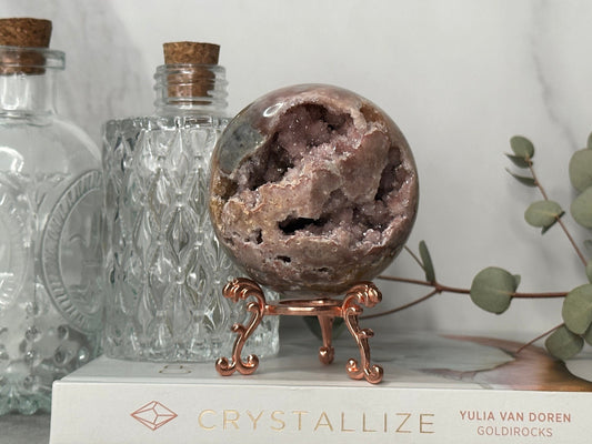 Unique | Druzy | Pink Amethyst Sphere | Statement Piece | Rose Gold Stand | High-Quality | Blue Banding | Genuine | From Brazil