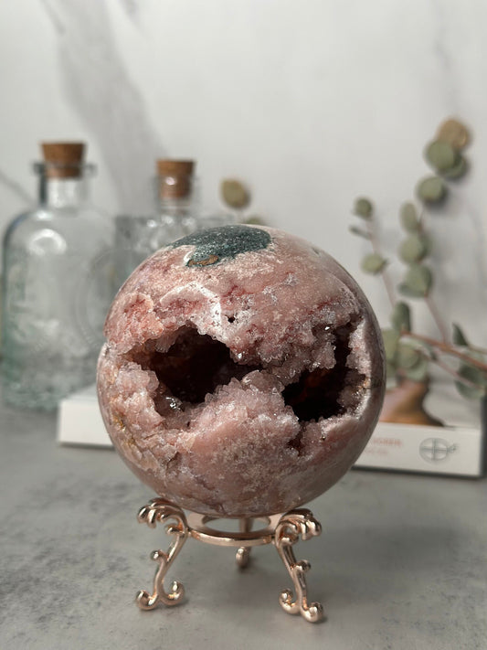 Pink Amethyst Sphere On Stand With Jasper High-Quality Genuine Crystal Statement Piece From Brazil