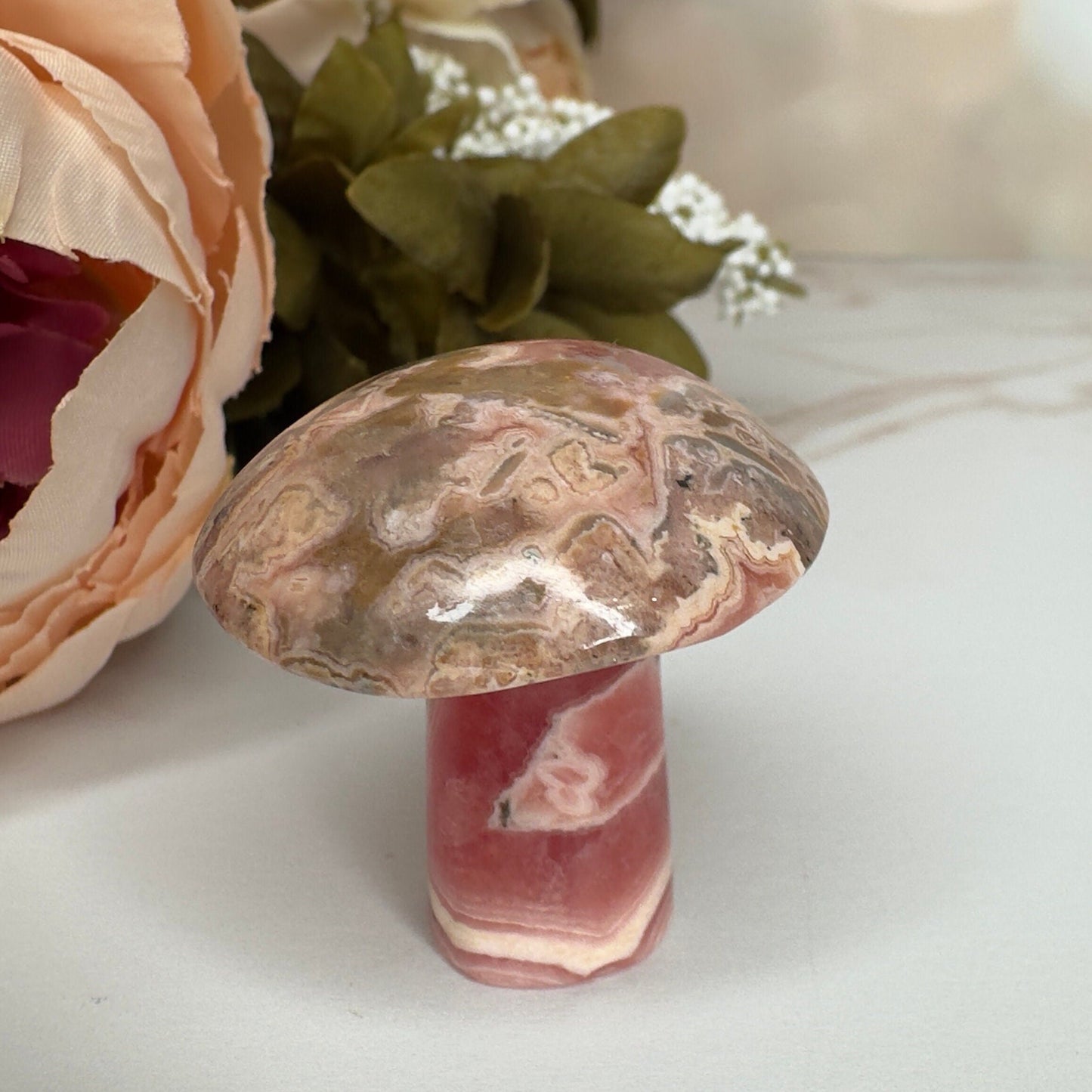 Adorable Rhodochrosite Mushroom Hand Carved Genuine Crystal Mushy From Argentina | Tucson Gem Show Exclusive