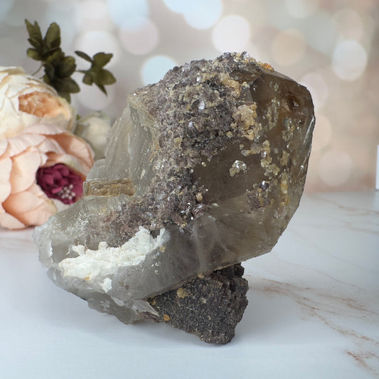 Unique Smoky Quartz With Tourmaline, Mica And Lepidolite Self Standing Specimen From Brazil