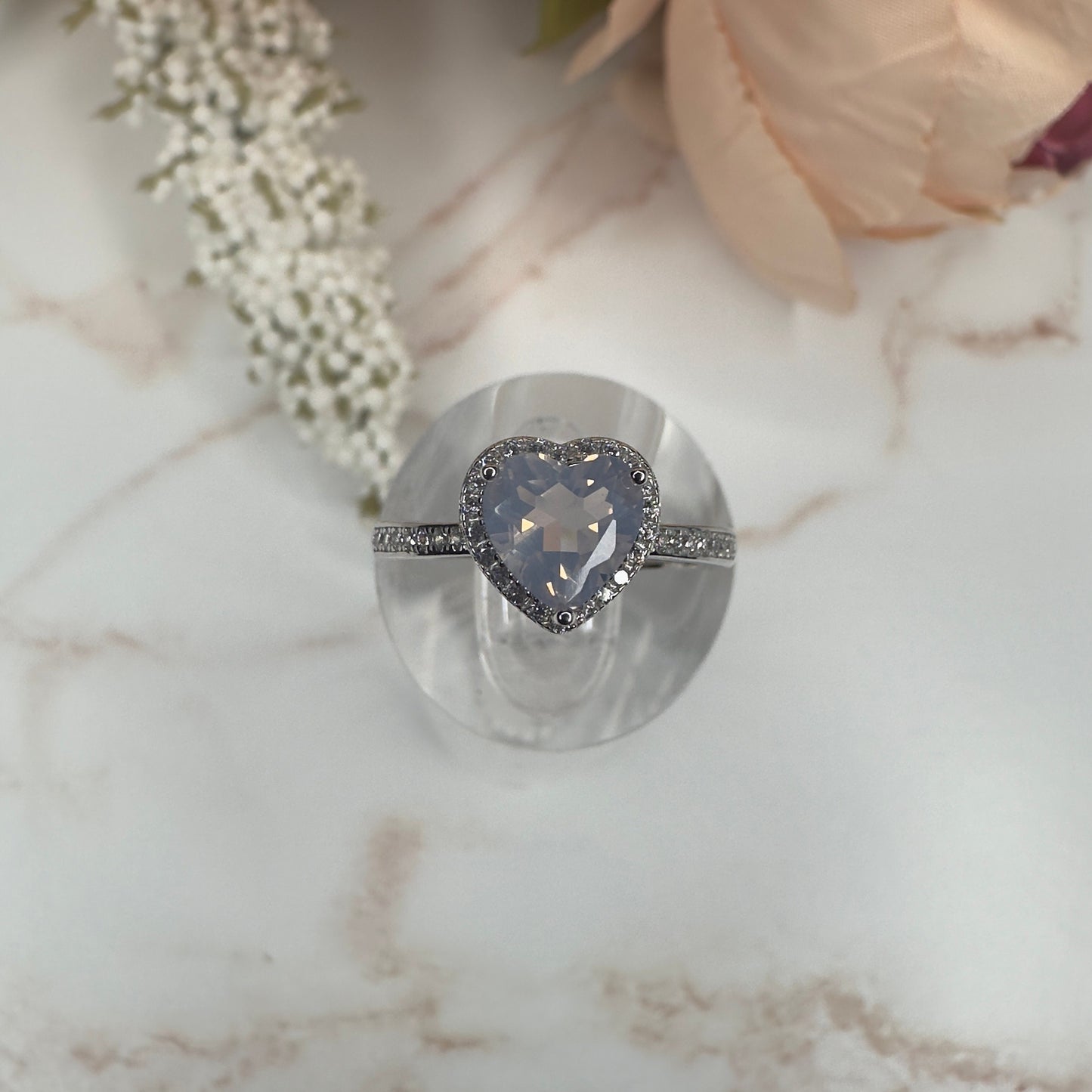 Gorgeous Lavender Moon Quartz Ring In Adjustable 925 Sterling Silver Heart Shaped High-Quality Crystal Jewelry With Transparent Zircon