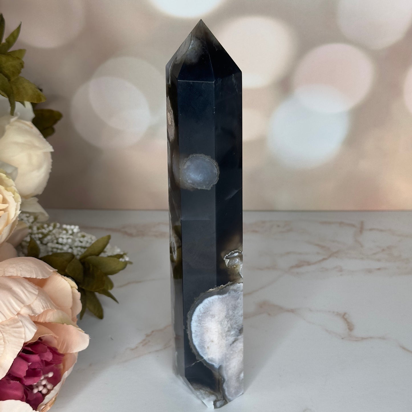 Large Black Flower Agate Tower | Natural Blue Cherry Sakura Blossom Point