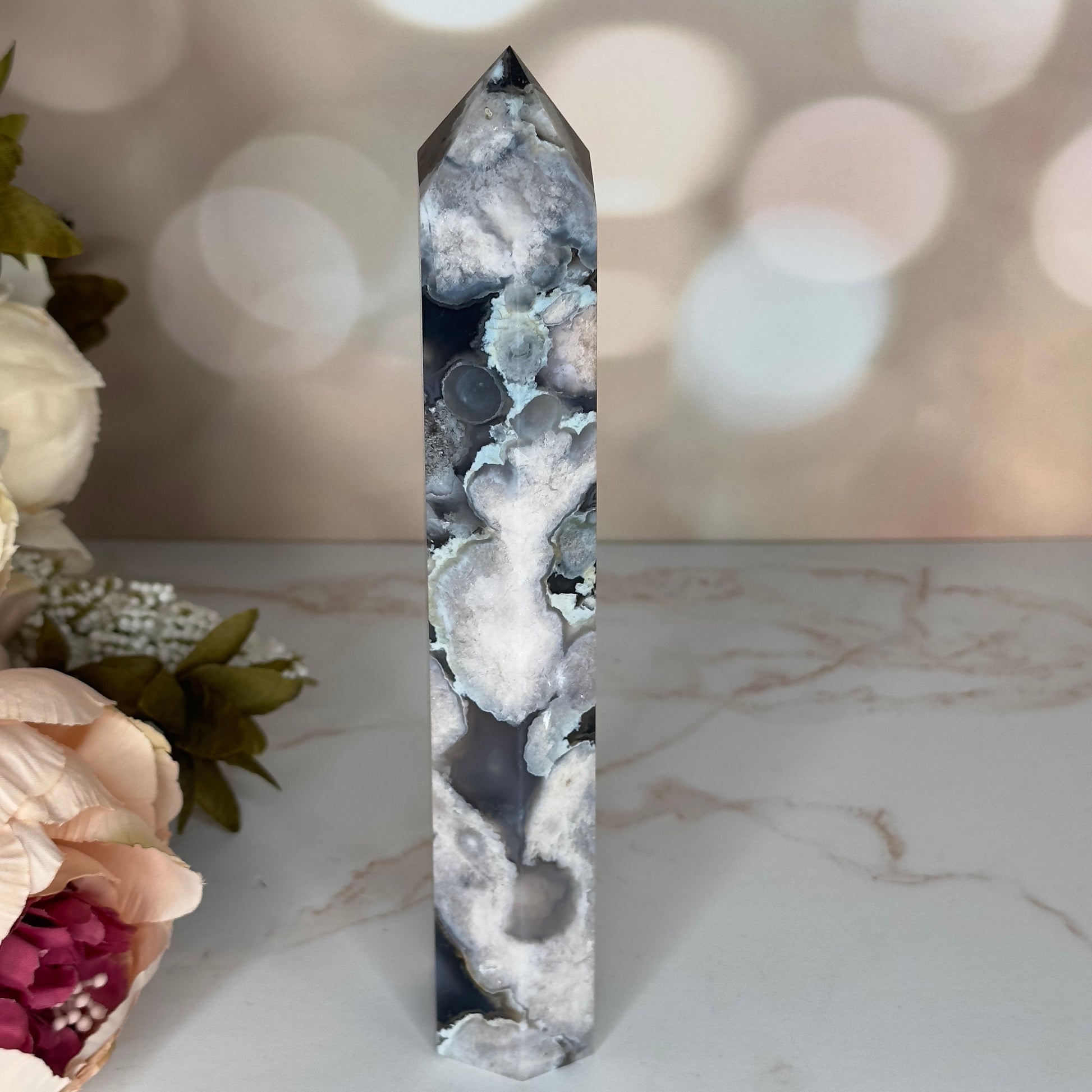 Large Black Flower Agate Tower | Natural Blue Cherry Sakura Blossom Point