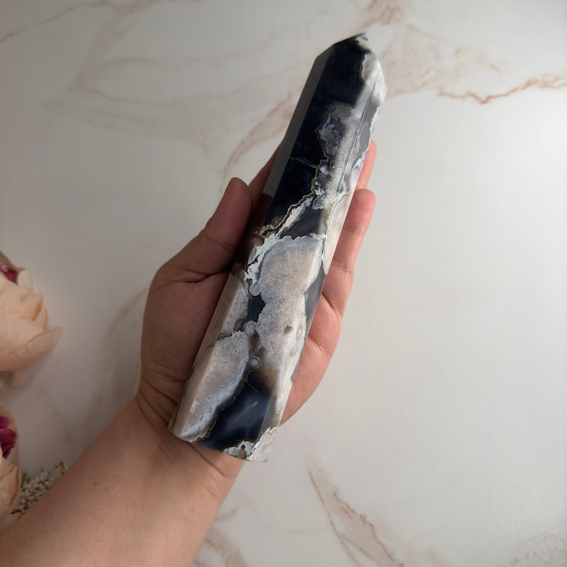 Large Black Flower Agate Tower | Natural Blue Cherry Sakura Blossom Point