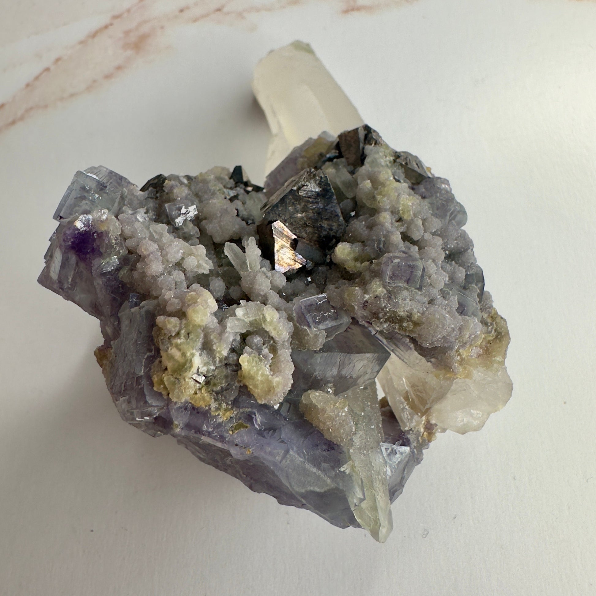 Amazing Yaogangxian/YGX Fluorite Specimen With Arsenopyrite On Quartz High-Quality Purple Formation Cubes