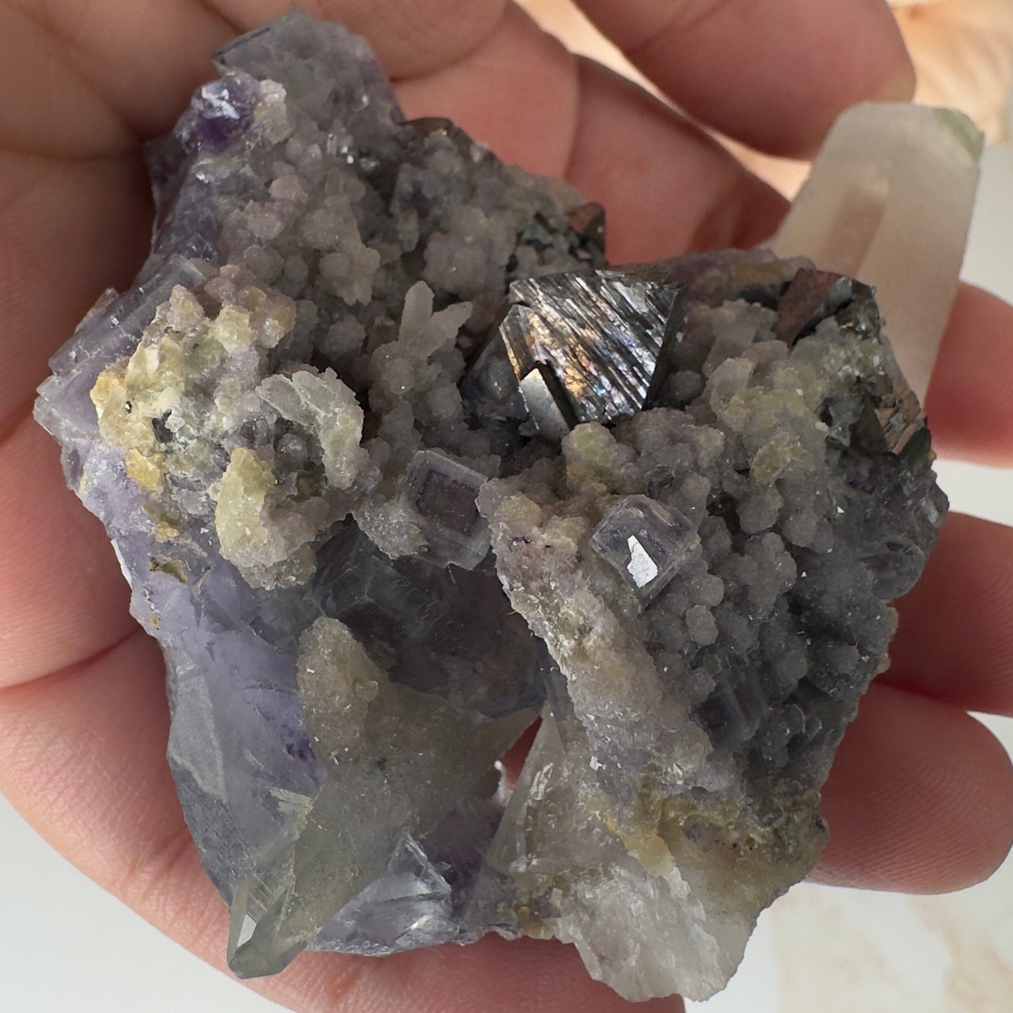 Amazing Yaogangxian/YGX Fluorite Specimen With Arsenopyrite On Quartz High-Quality Purple Formation Cubes