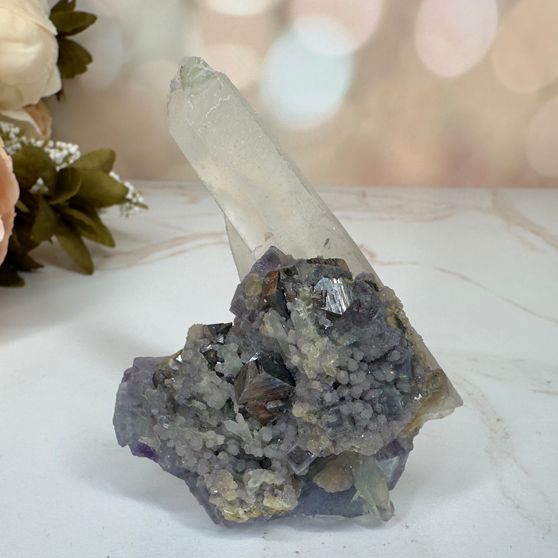 Amazing Yaogangxian/YGX Fluorite Specimen With Arsenopyrite On Quartz High-Quality Purple Formation Cubes