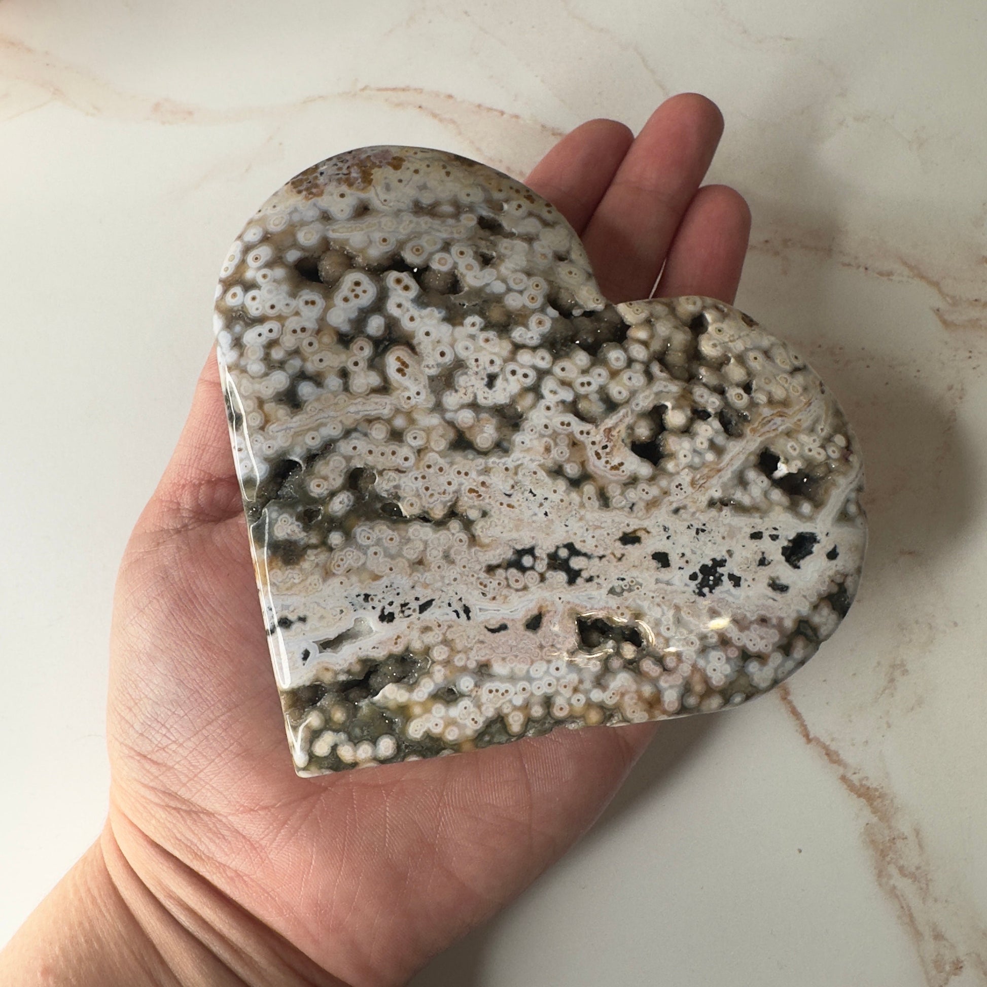 Orbicular Jasper Heart On Stand | Sea Jasper High-Quality Crystal Carving