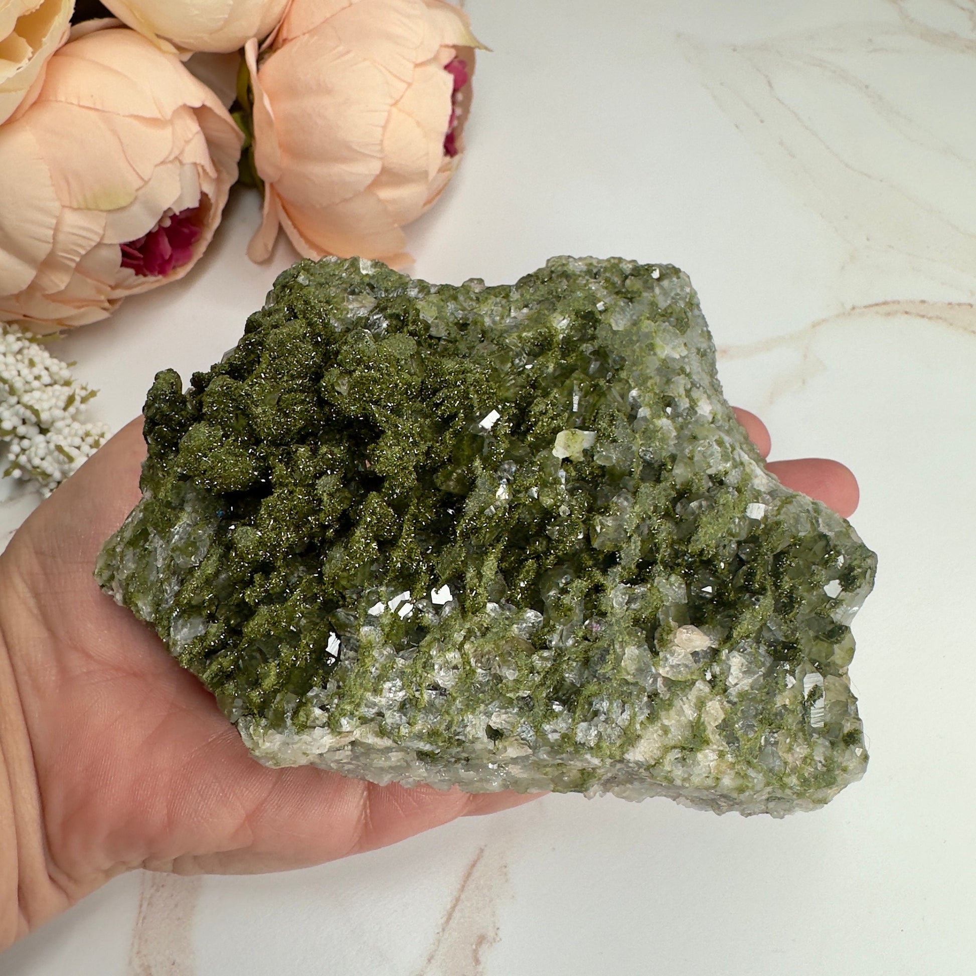 Forest Epidote On Quartz Genuine Dark Green Crystal Cluster Specimen From Turkey | Tucson Gem Show Exclusive