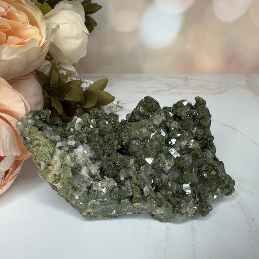 Forest Epidote On Quartz Genuine Dark Green Crystal Cluster Specimen From Turkey | Tucson Gem Show Exclusive