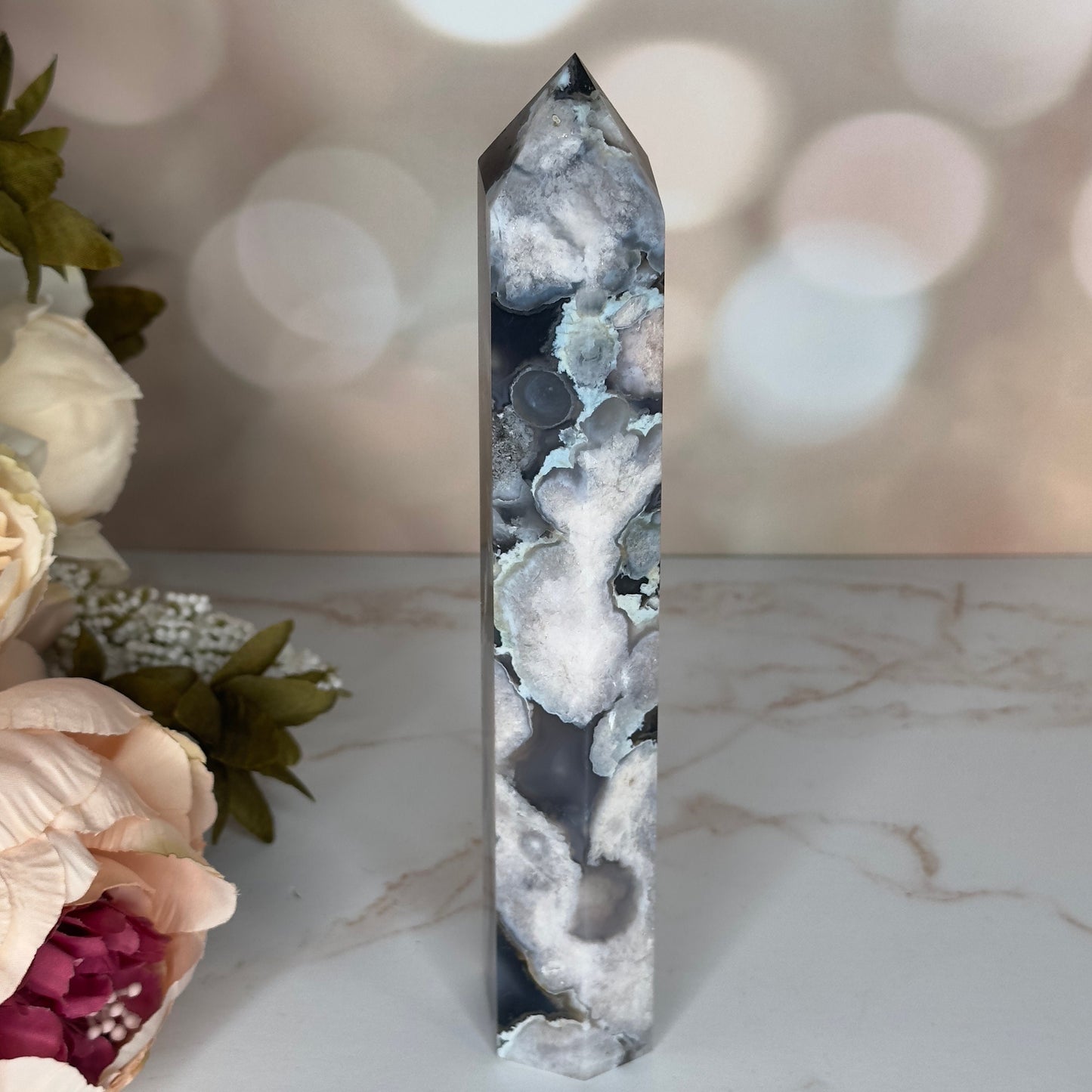 Large Black Flower Agate Tower | Natural Blue Cherry Sakura Blossom Point