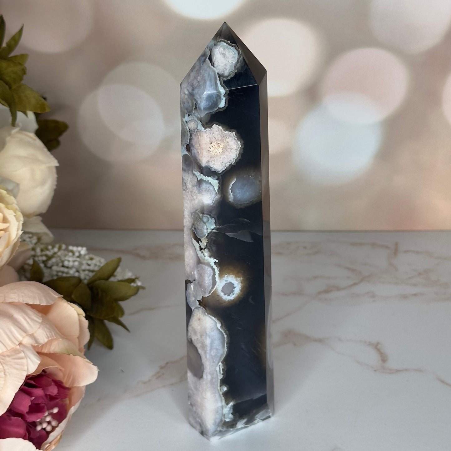 Large Black Flower Agate Tower | Natural Blue Cherry Sakura Blossom Point