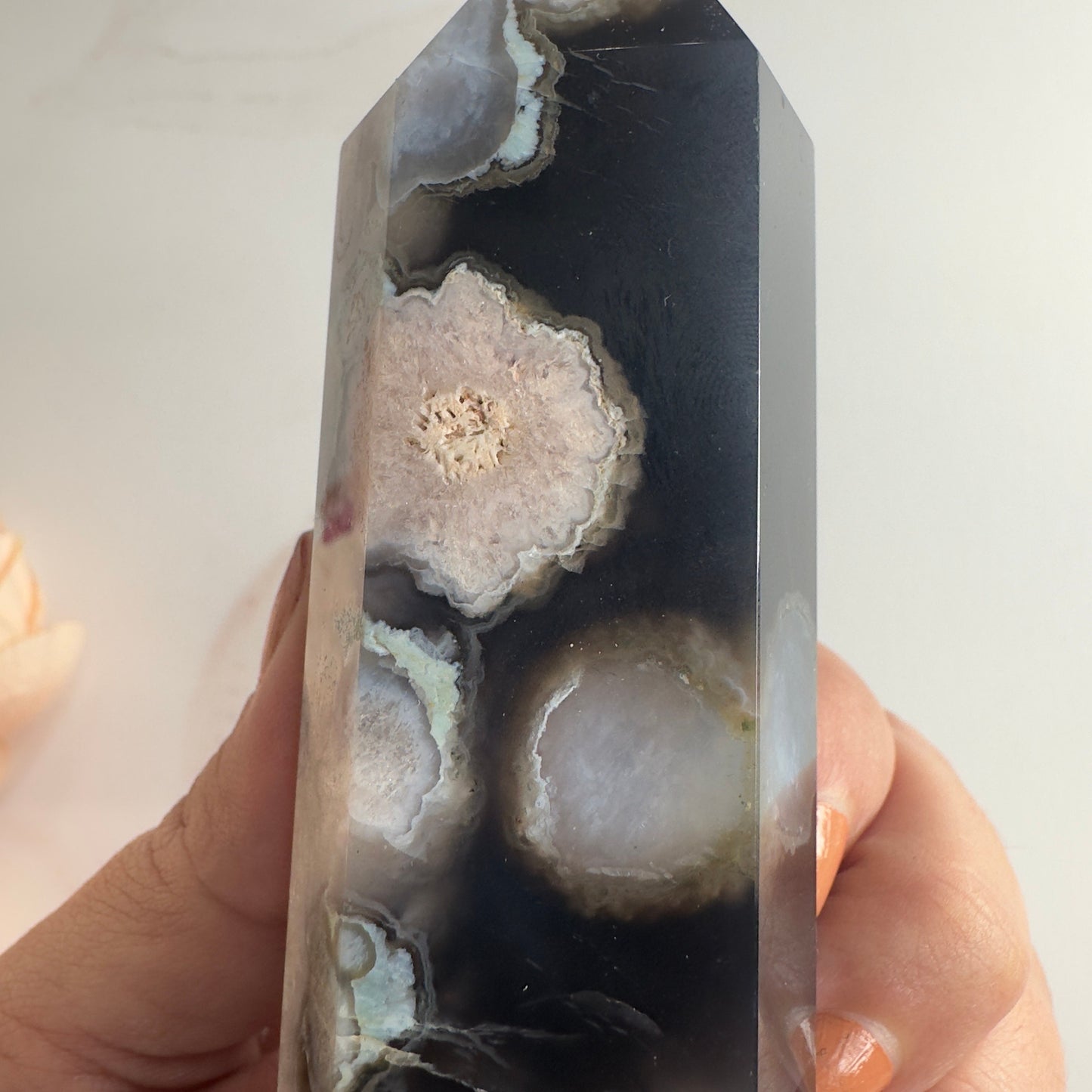 Large Black Flower Agate Tower | Natural Blue Cherry Sakura Blossom Point