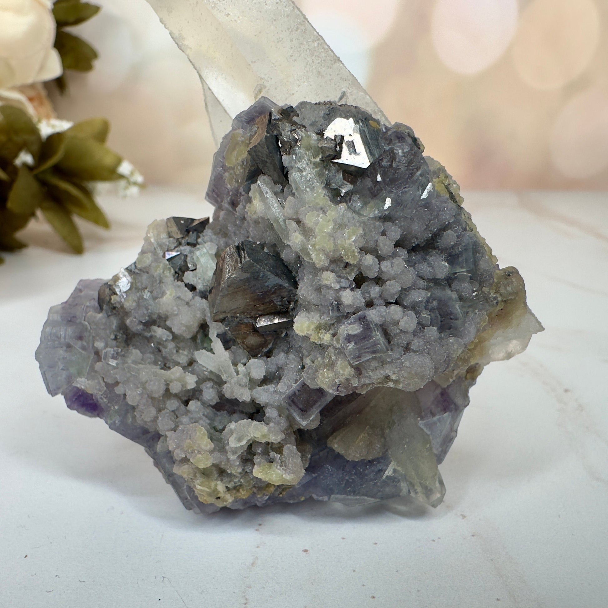 Amazing Yaogangxian/YGX Fluorite Specimen With Arsenopyrite On Quartz High-Quality Purple Formation Cubes