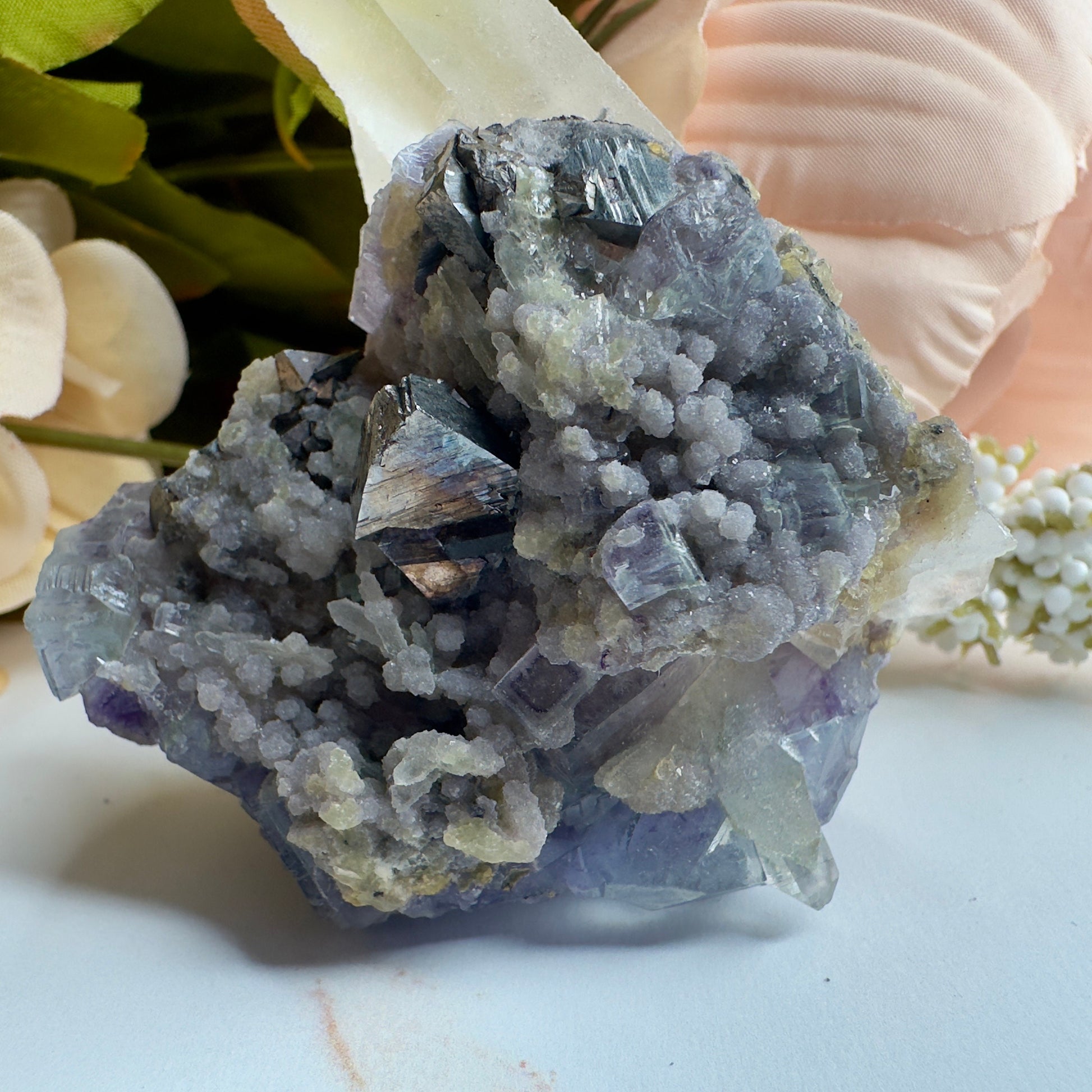 Amazing Yaogangxian/YGX Fluorite Specimen With Arsenopyrite On Quartz High-Quality Purple Formation Cubes