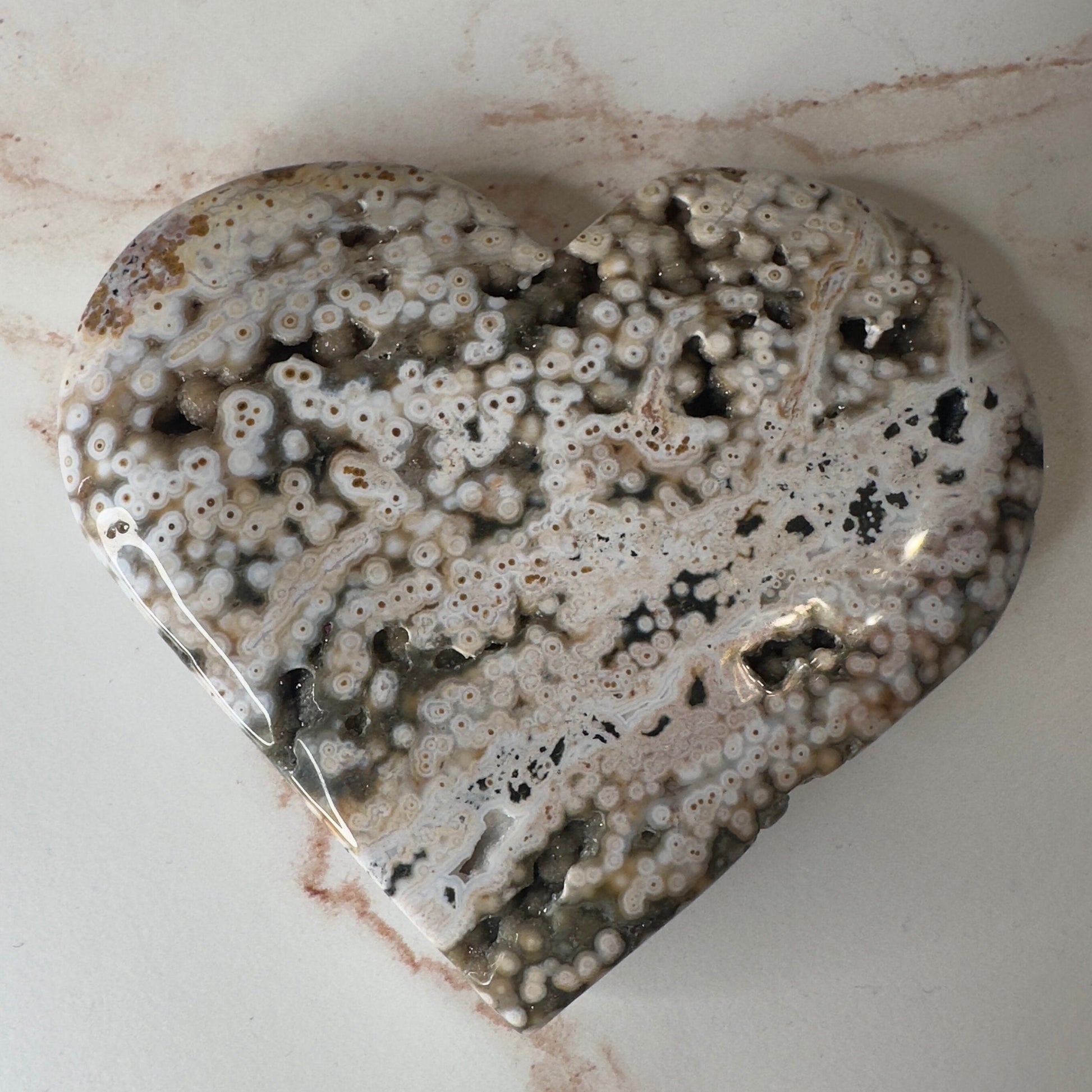 Orbicular Jasper Heart On Stand | Sea Jasper High-Quality Crystal Carving