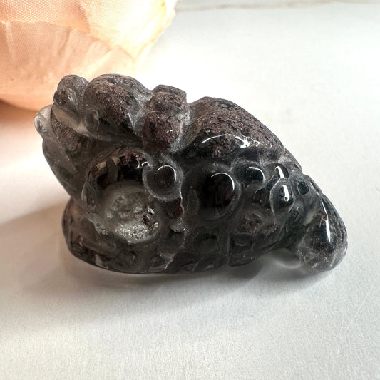 Adorable Mini Money Toad Master Carved In Garden Quartz | Dark Purple Exposed Inclusion | Pocket size