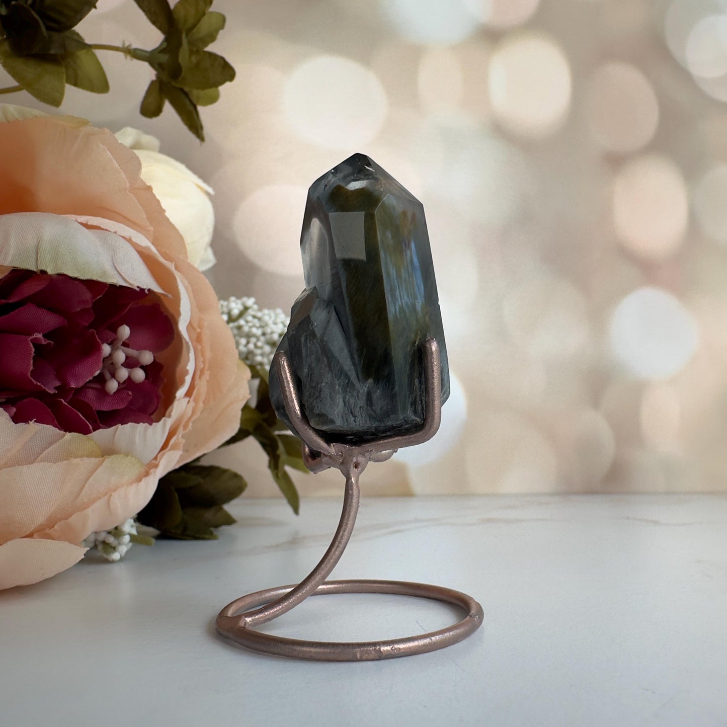 Amazing Blue Tara Quartz Point | AAA Blue Amphibole On Custom Rose Gold Stand Collectors Grade From Brazil