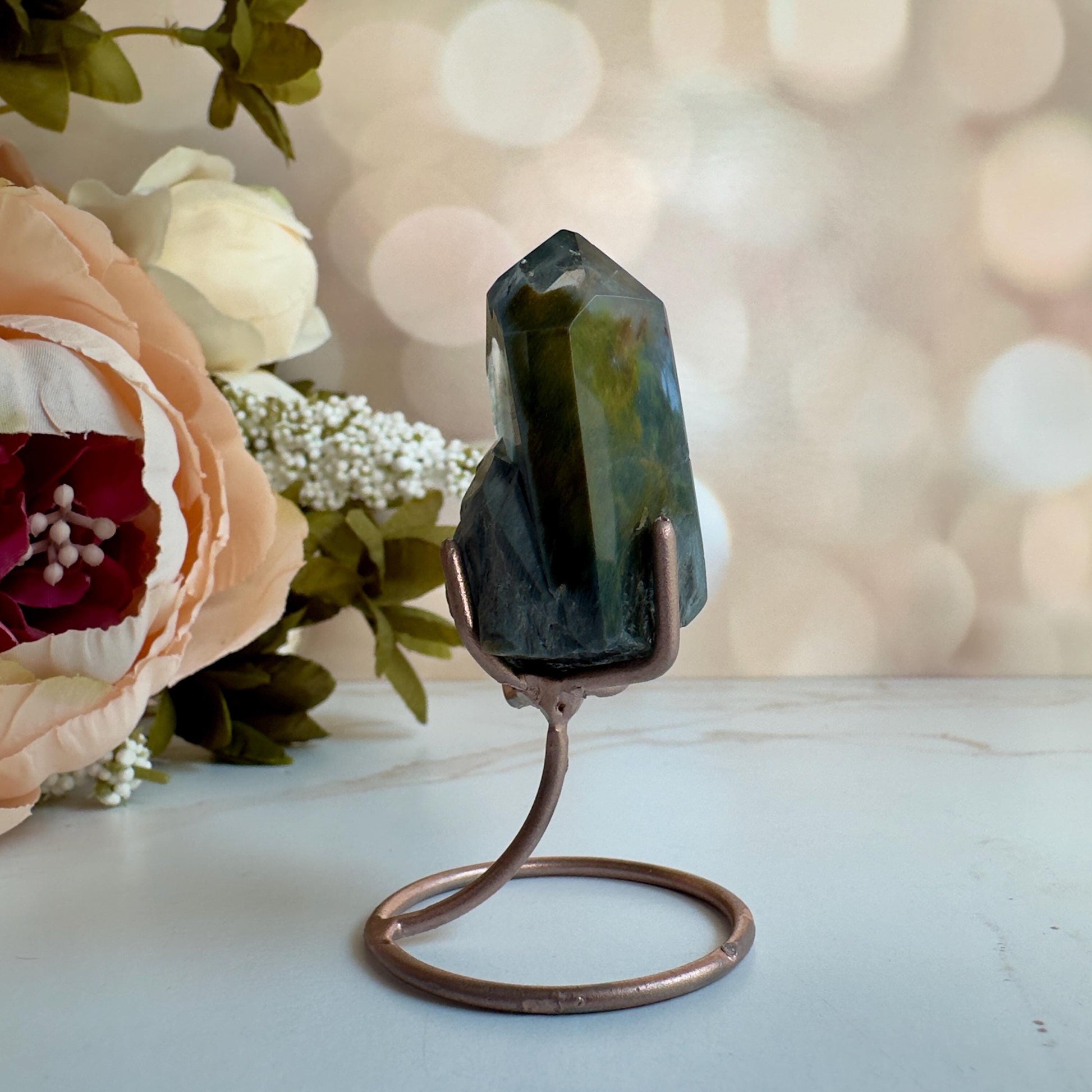 Amazing Blue Tara Quartz Point | AAA Blue Amphibole On Custom Rose Gold Stand Collectors Grade From Brazil