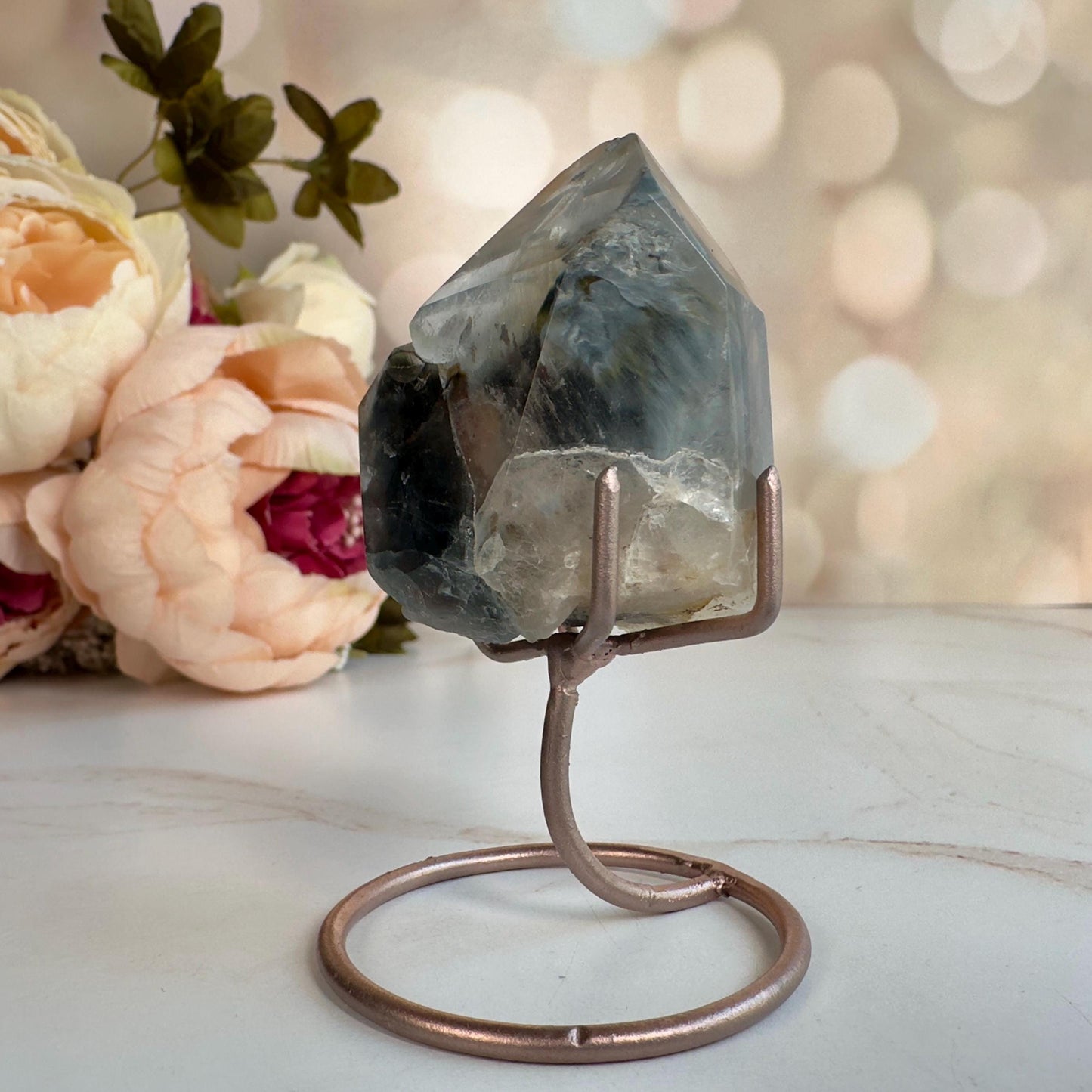 Stunning Blue Tara Quartz Point | Blue Amphibole On Custom Rose Gold Stand From Brazil