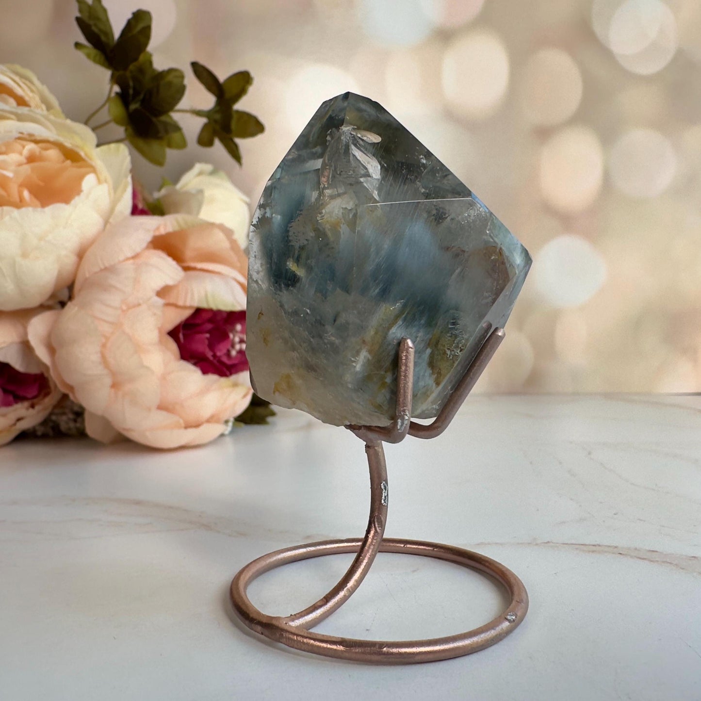 Stunning Blue Tara Quartz Point | Blue Amphibole On Custom Rose Gold Stand From Brazil