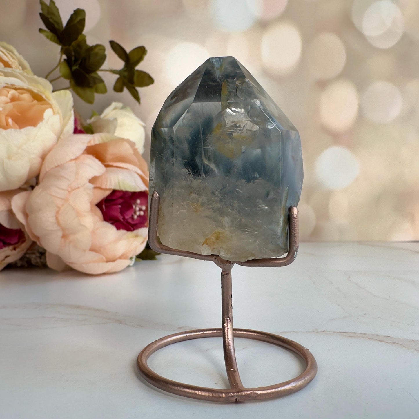 Stunning Blue Tara Quartz Point | Blue Amphibole On Custom Rose Gold Stand From Brazil