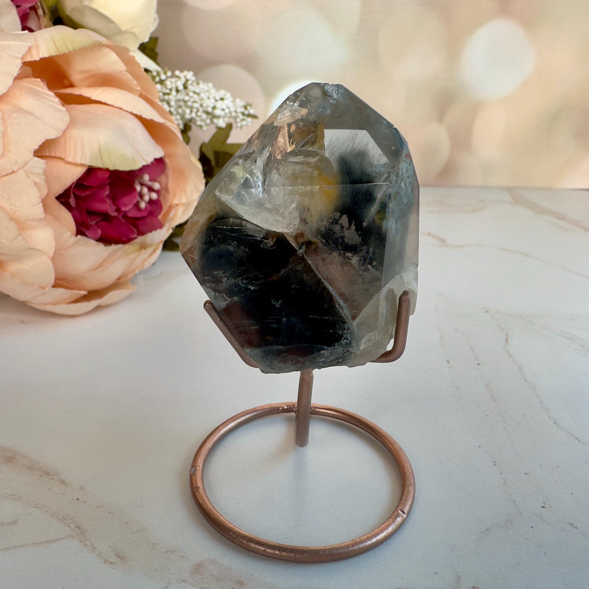 Stunning Blue Tara Quartz Point | Blue Amphibole On Custom Rose Gold Stand From Brazil