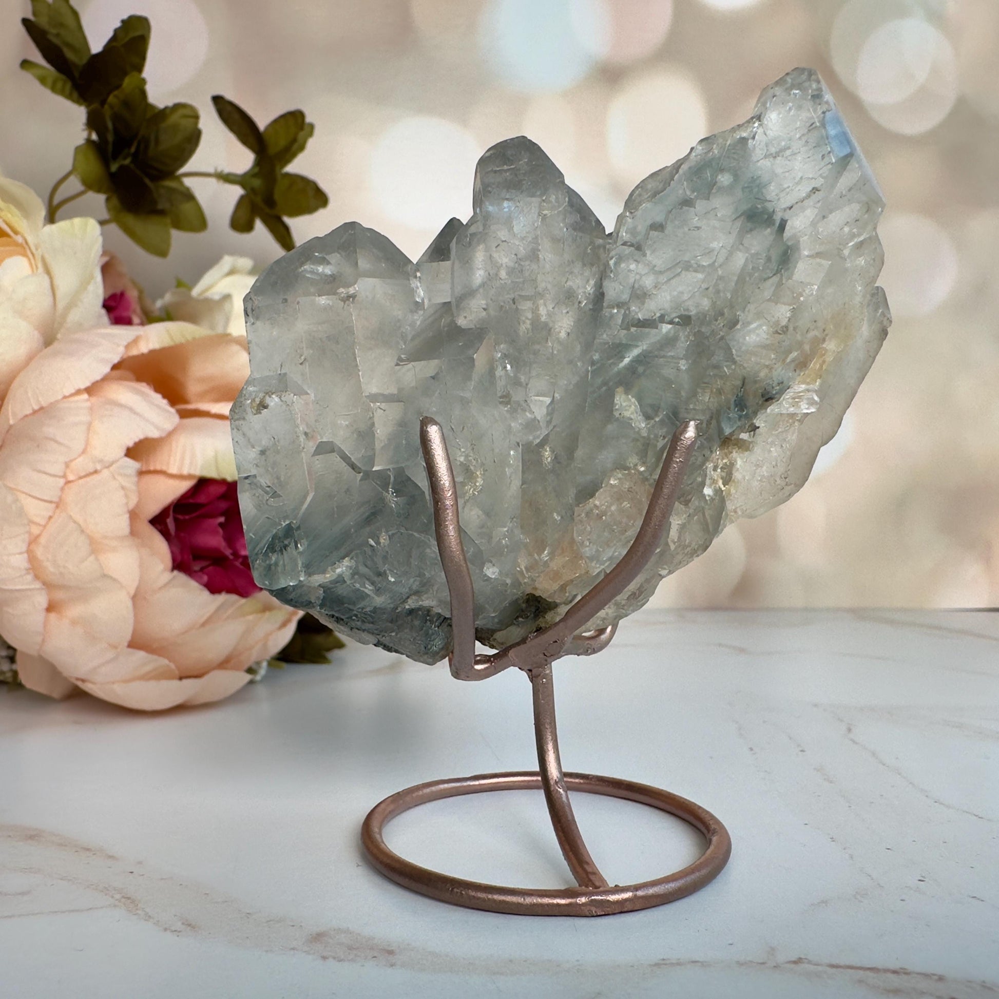 Stunning Blue Tara Quartz Cathedral Formation | Blue Amphibole On Custom Rose Gold Stand From Brazil