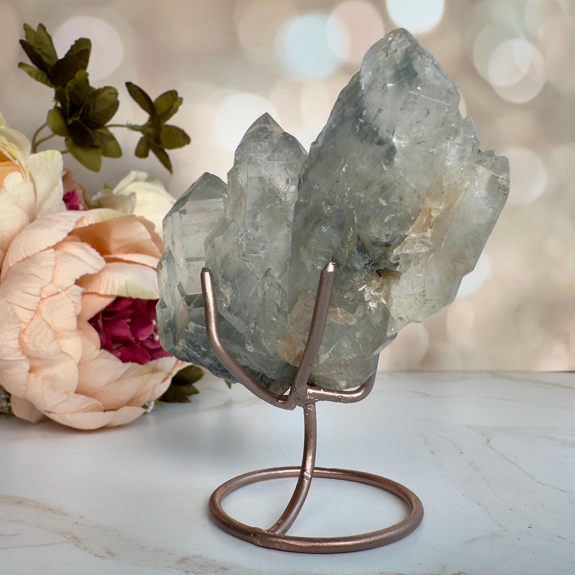 Stunning Blue Tara Quartz Cathedral Formation | Blue Amphibole On Custom Rose Gold Stand From Brazil