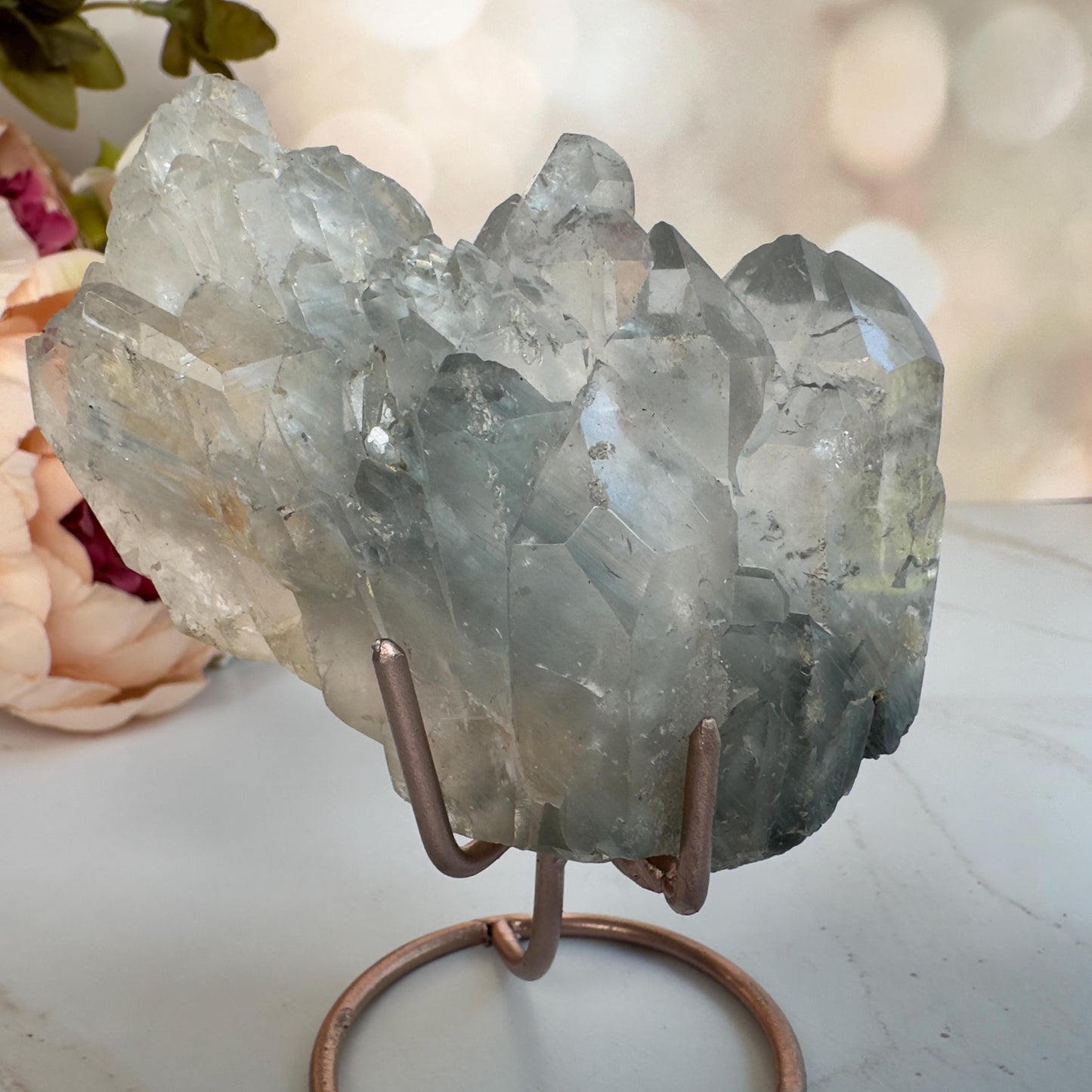 Stunning Blue Tara Quartz Cathedral Formation | Blue Amphibole On Custom Rose Gold Stand From Brazil