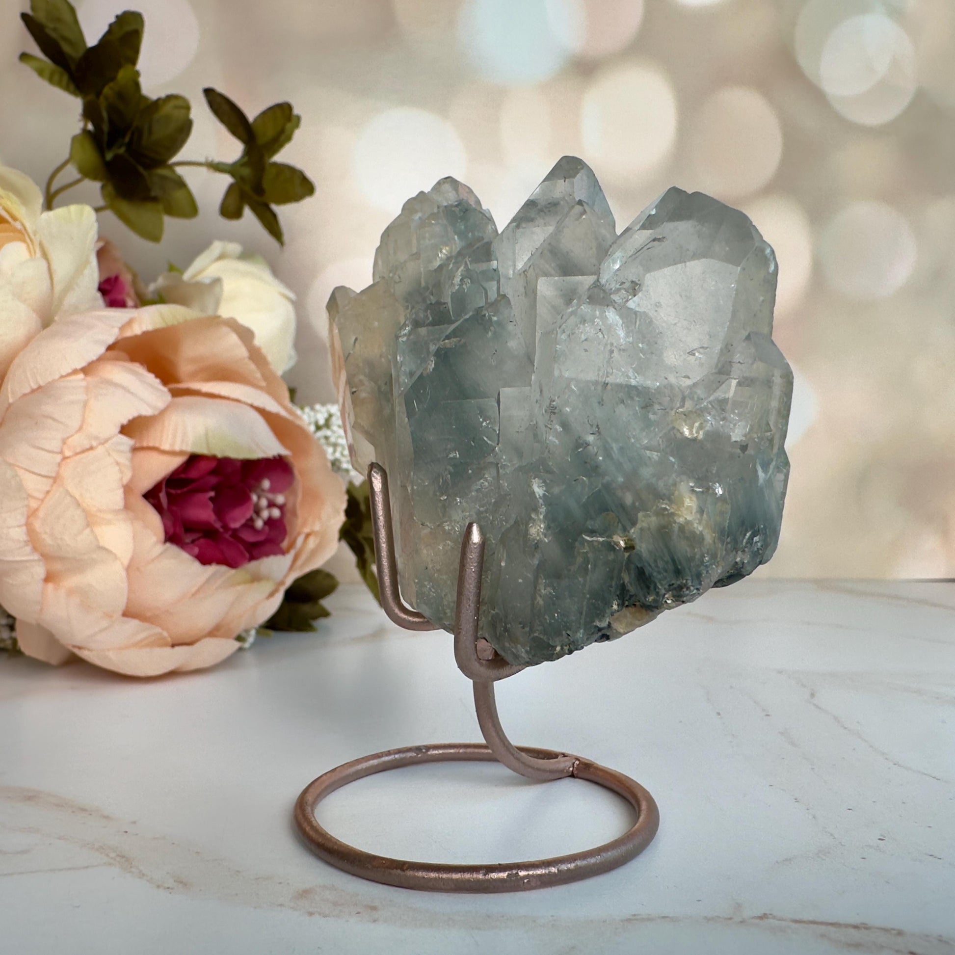 Stunning Blue Tara Quartz Cathedral Formation | Blue Amphibole On Custom Rose Gold Stand From Brazil