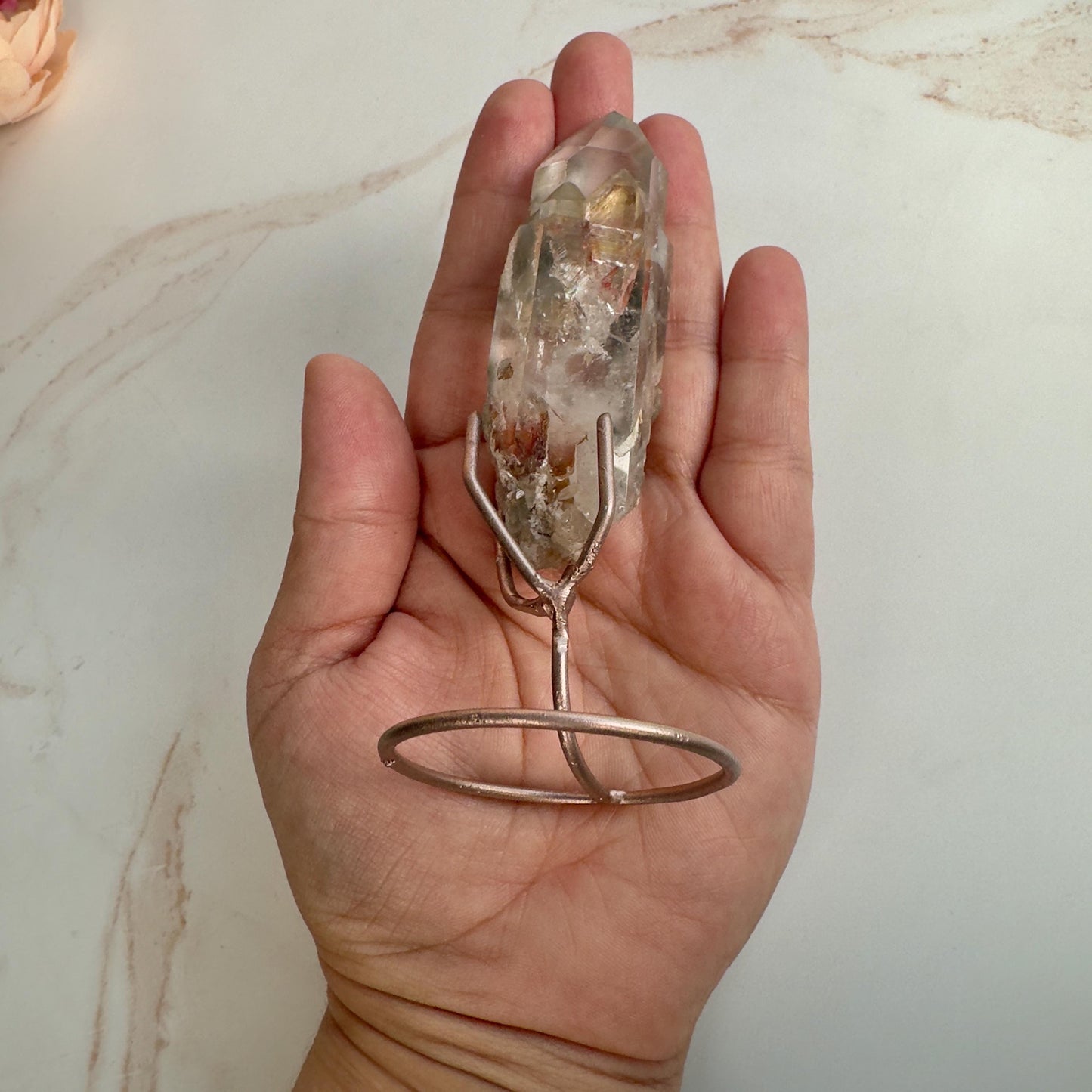 Amazing Blue Tara Quartz Point | AAA Blue Amphibole Cathedral Formation On Custom Rose Gold Stand From Brazil