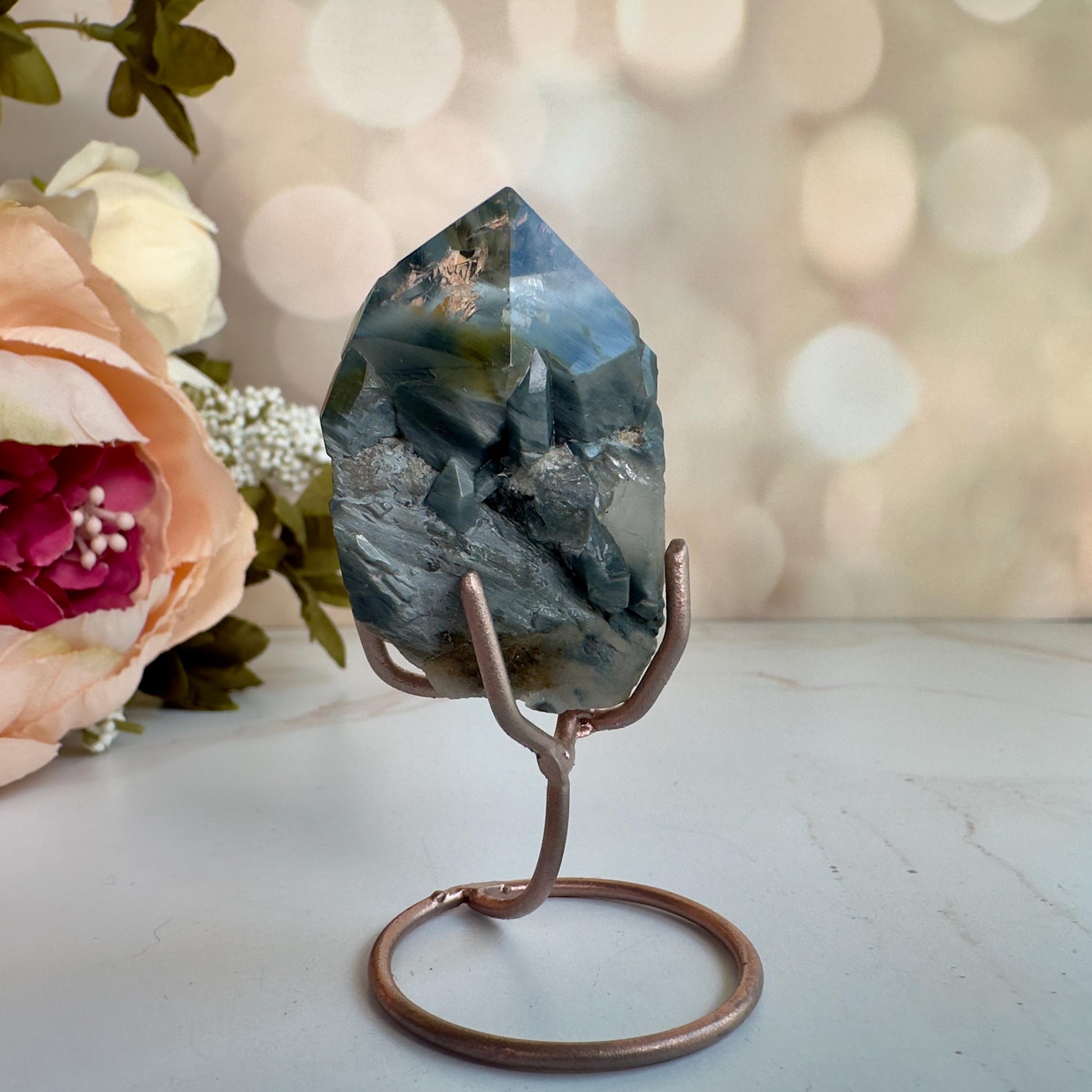 Stunning Blue Tara Quartz Point | Blue Amphibole On Custom Rose Gold Stand From Brazil