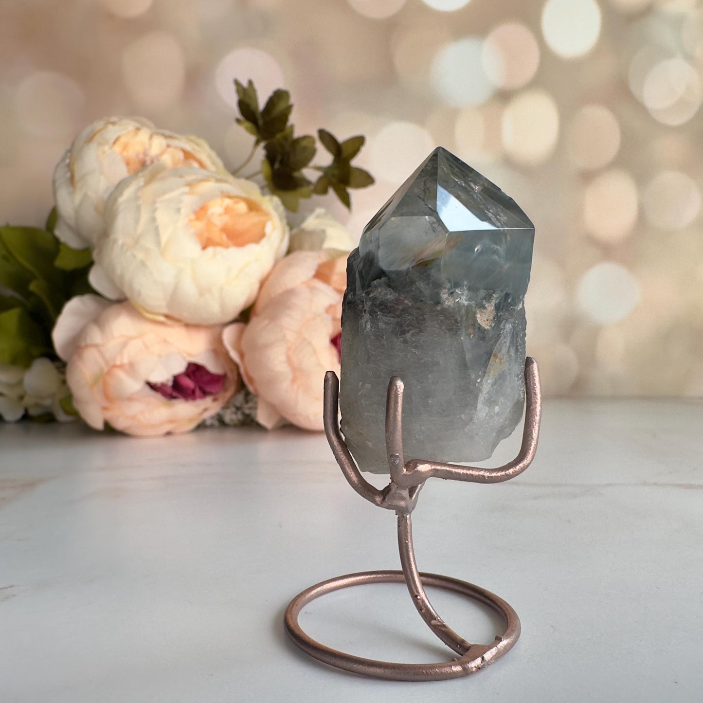 Stunning Blue Tara Quartz Point | Blue Amphibole On Custom Rose Gold Stand From Brazil