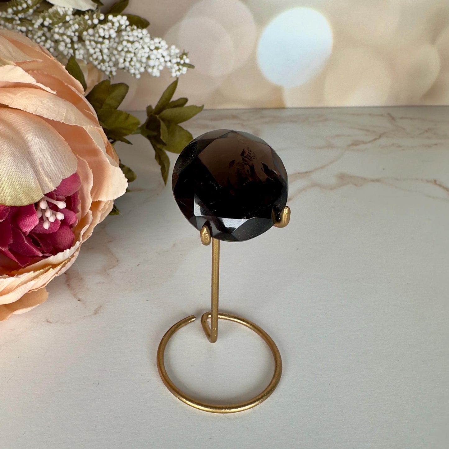 Dark Smoky Quartz Diamond On Custom Gold Stand From Brazil