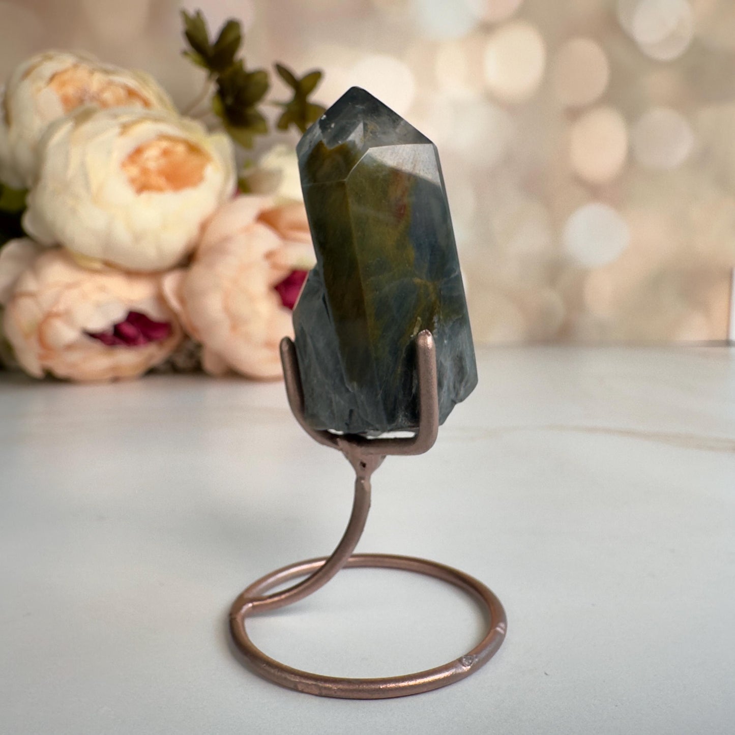 Amazing Blue Tara Quartz Point | AAA Blue Amphibole On Custom Rose Gold Stand Collectors Grade From Brazil