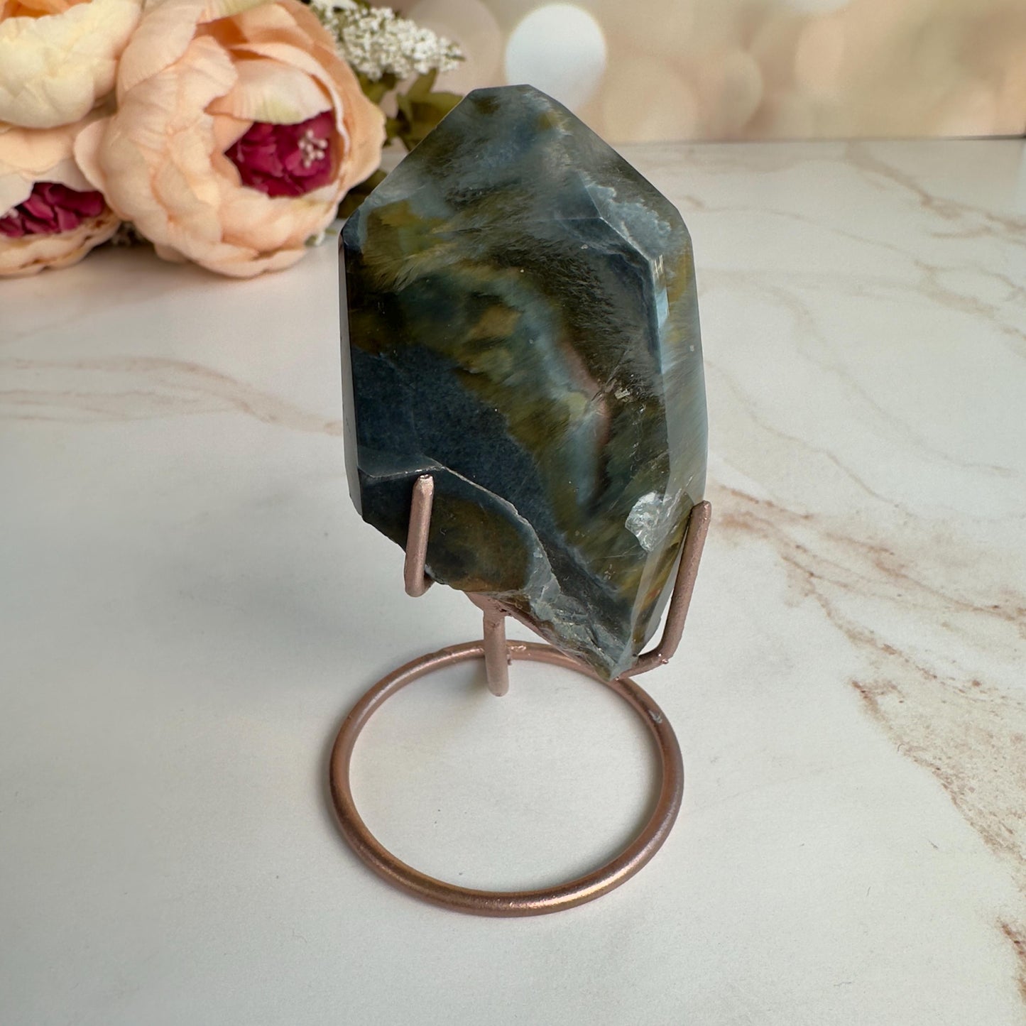 Stunning Blue Tara Quartz Point | AAA Blue Amphibole On Custom Rose Gold Stand Collector’s Grade From Brazil