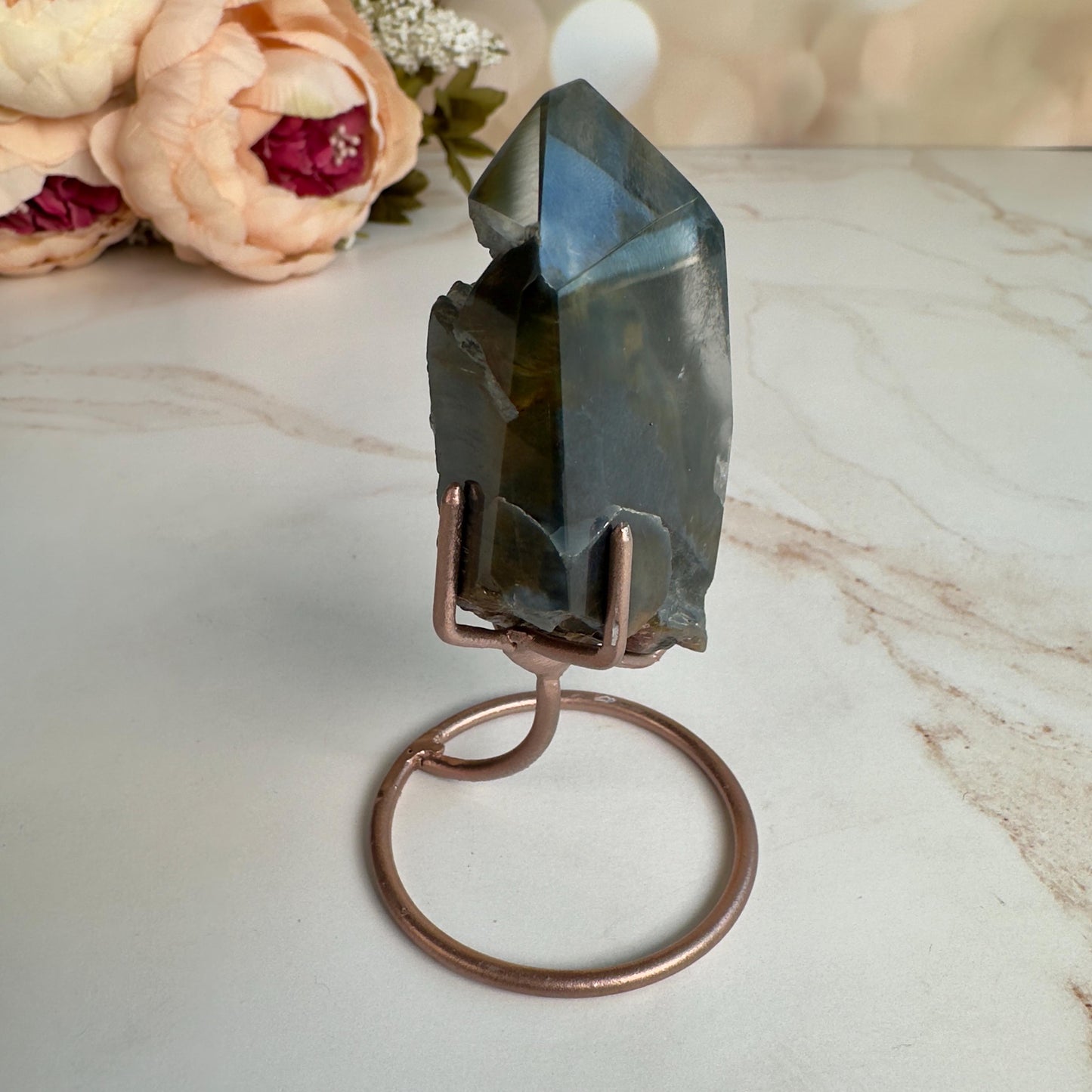 Stunning Blue Tara Quartz Point | AAA Blue Amphibole On Custom Rose Gold Stand Collector’s Grade From Brazil