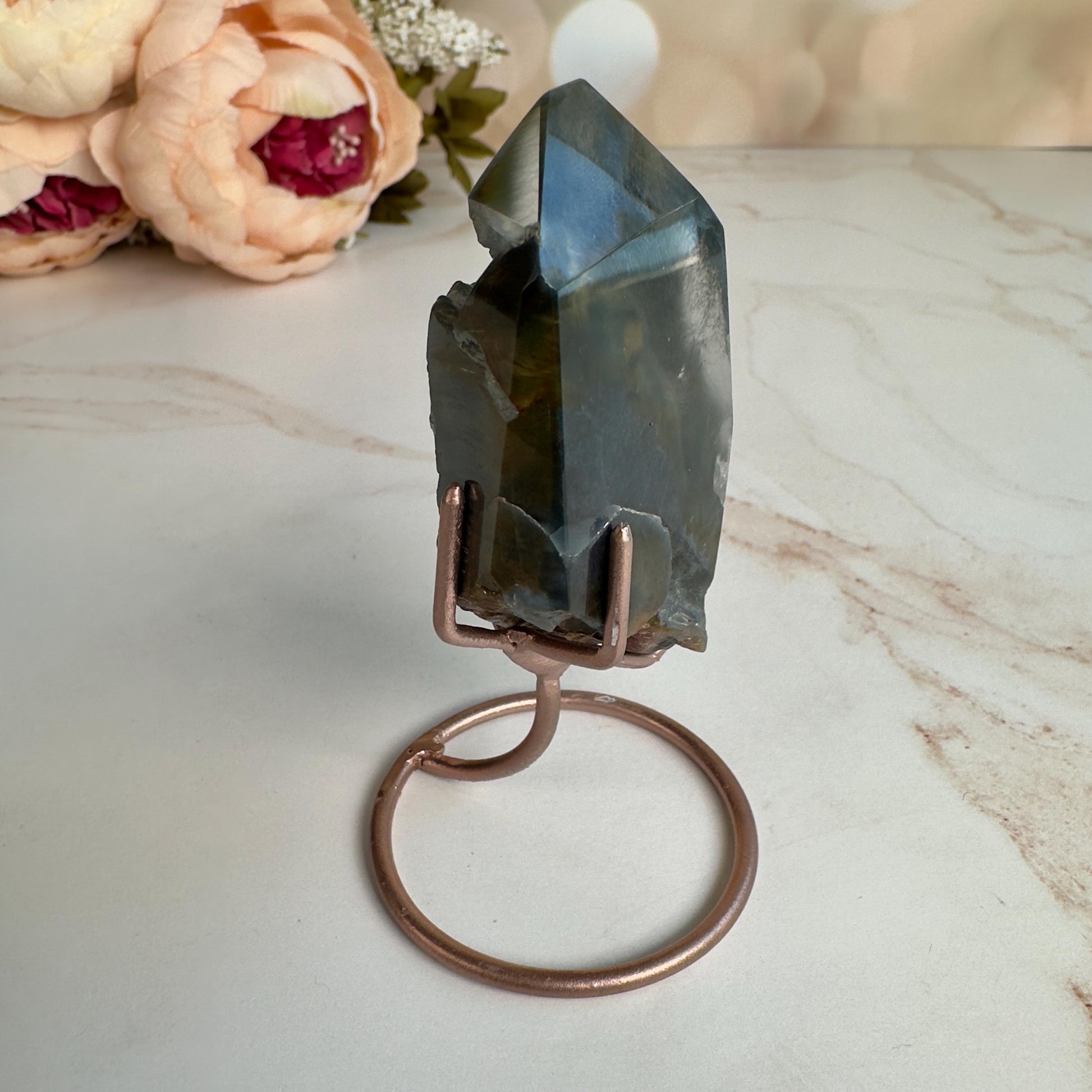 Stunning Blue Tara Quartz Point | AAA Blue Amphibole On Custom Rose Gold Stand Collector’s Grade From Brazil