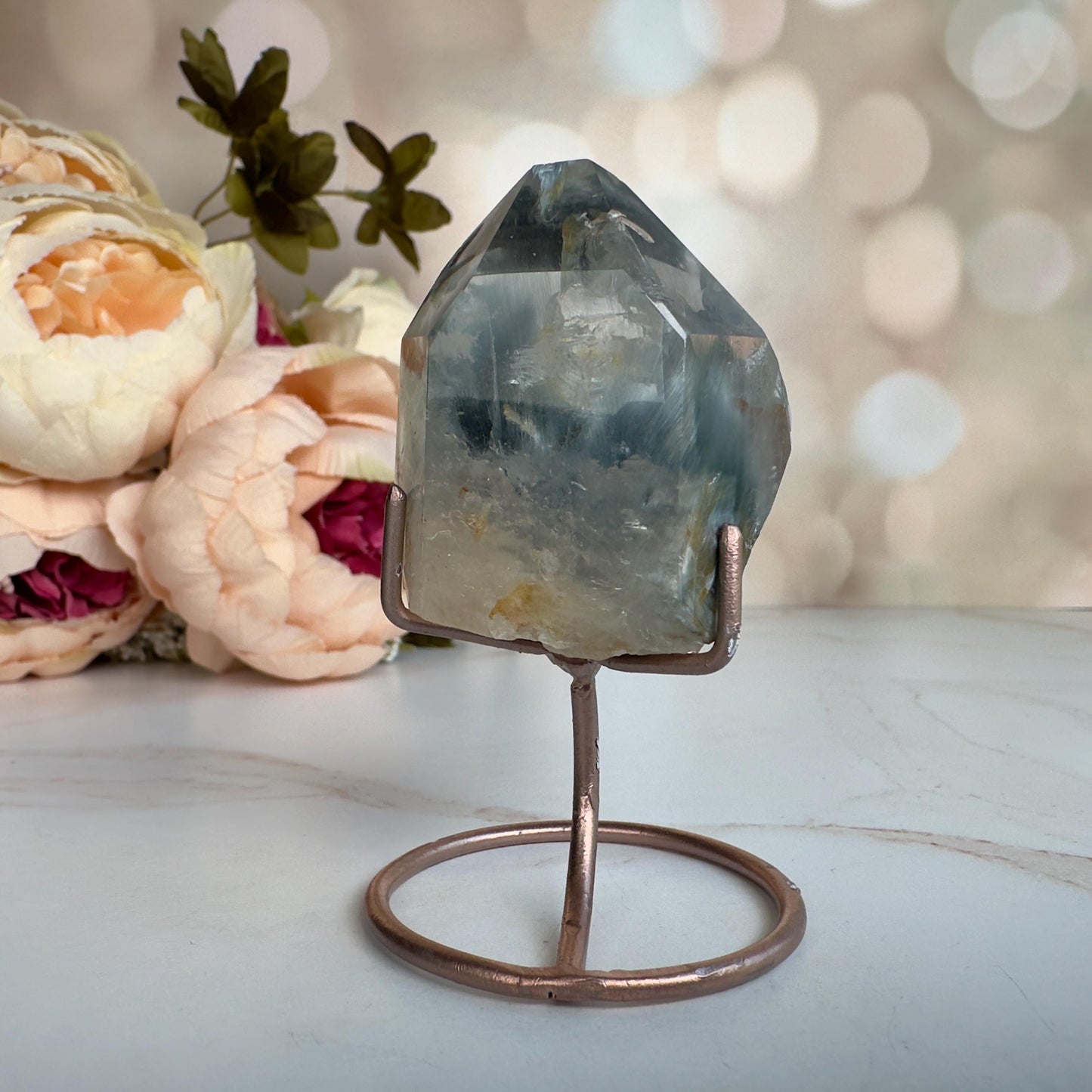 Stunning Blue Tara Quartz Point | Blue Amphibole On Custom Rose Gold Stand From Brazil