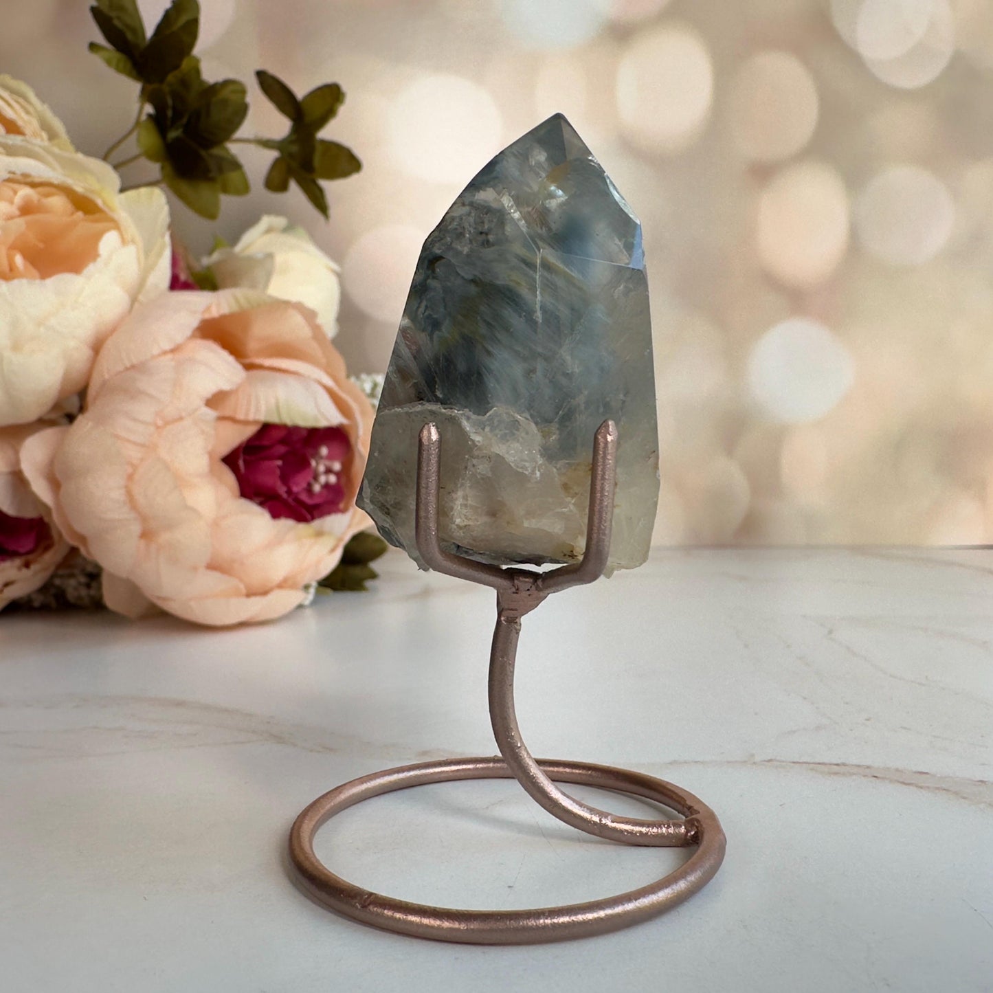 Stunning Blue Tara Quartz Point | Blue Amphibole On Custom Rose Gold Stand From Brazil