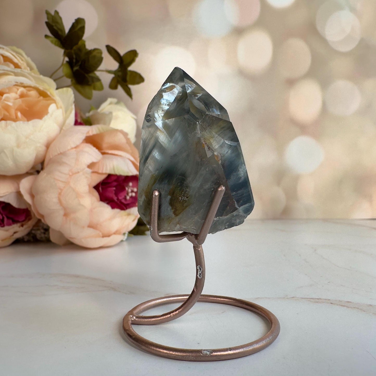 Stunning Blue Tara Quartz Point | Blue Amphibole On Custom Rose Gold Stand From Brazil