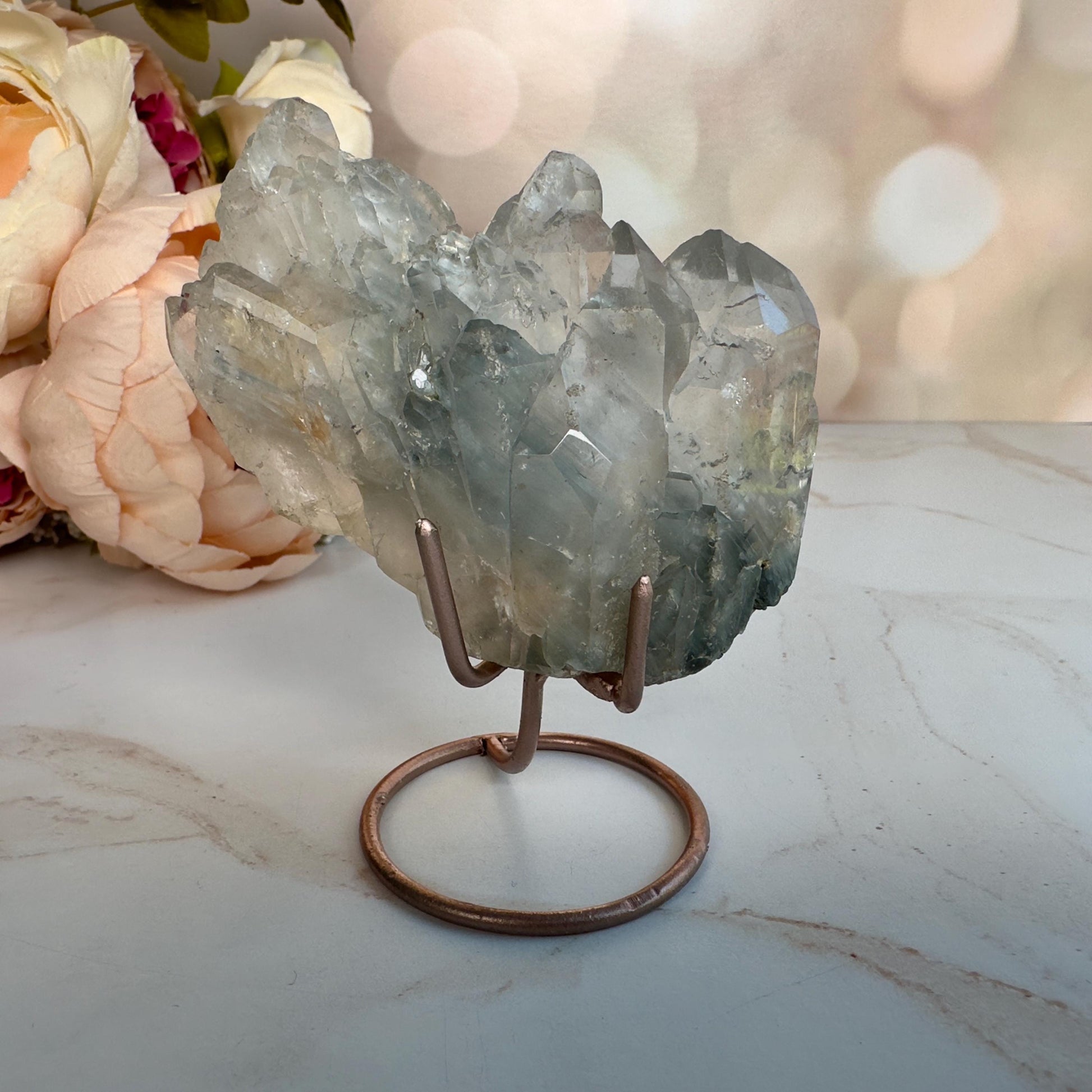 Stunning Blue Tara Quartz Cathedral Formation | Blue Amphibole On Custom Rose Gold Stand From Brazil