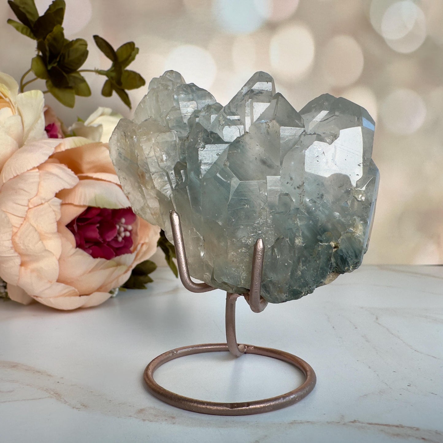 Stunning Blue Tara Quartz Cathedral Formation | Blue Amphibole On Custom Rose Gold Stand From Brazil