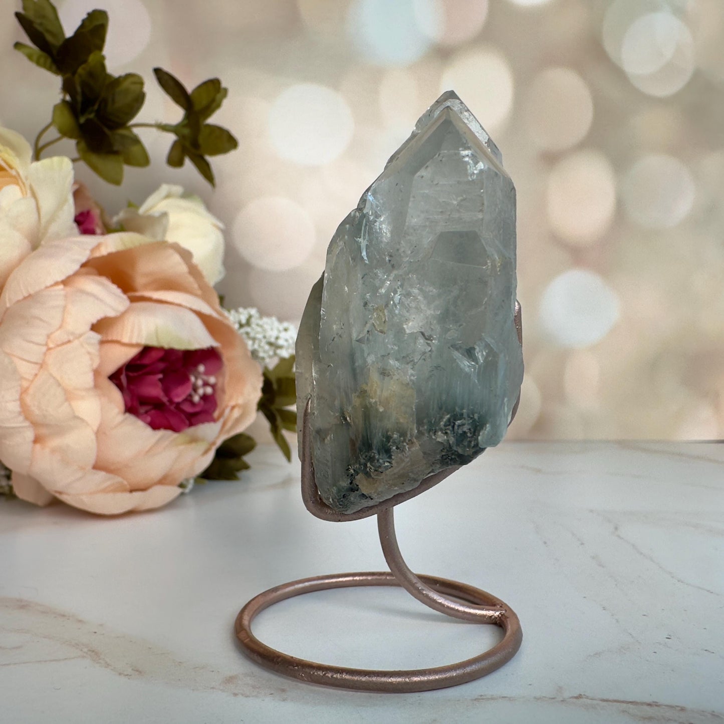 Stunning Blue Tara Quartz Cathedral Formation | Blue Amphibole On Custom Rose Gold Stand From Brazil